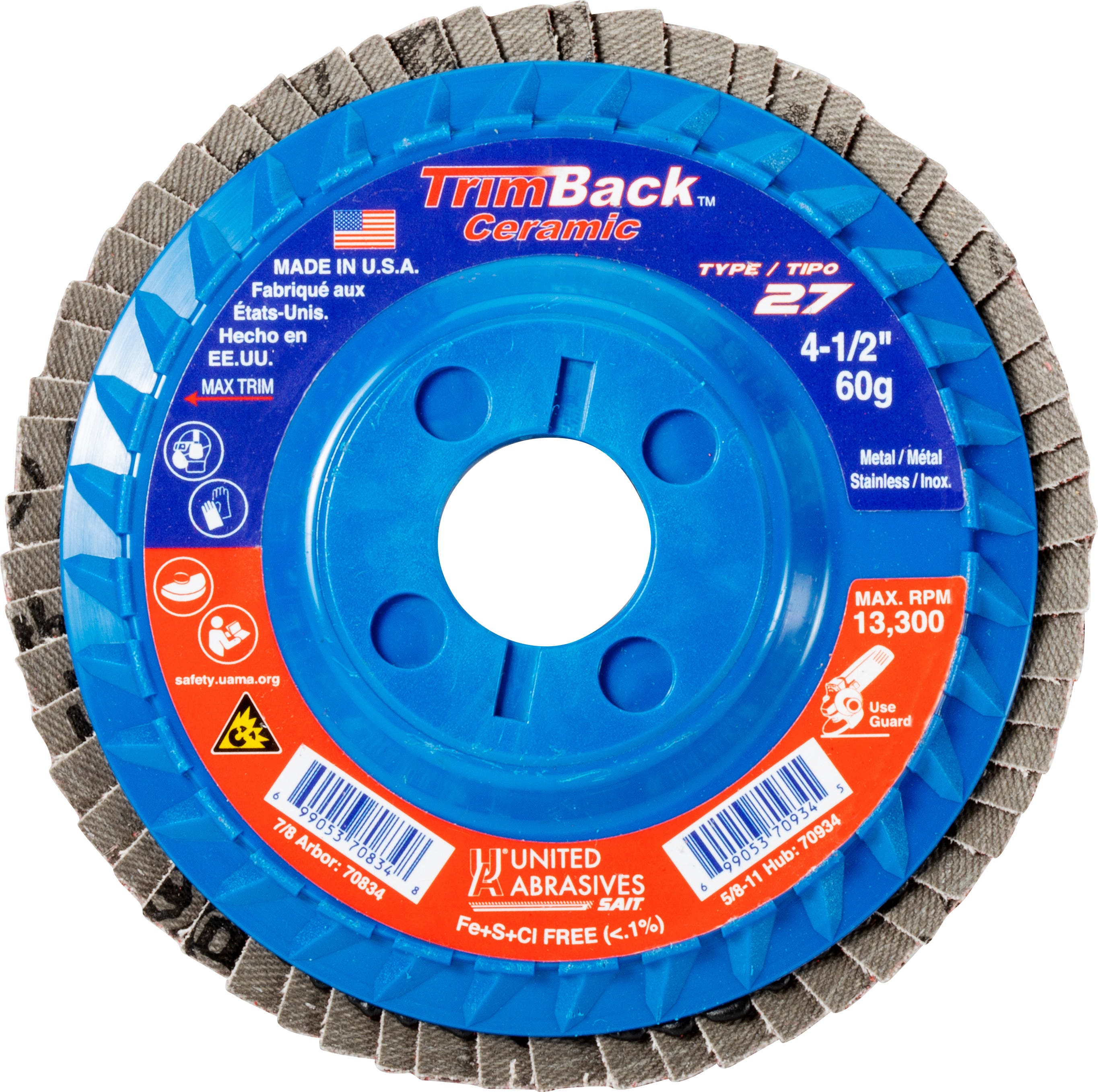 4-1/2" x 7/8" TrimBack™ Ceramic Flap Disc, Type 27, 60 Grit, 10-Pack, United Abrasives-SAIT 70834