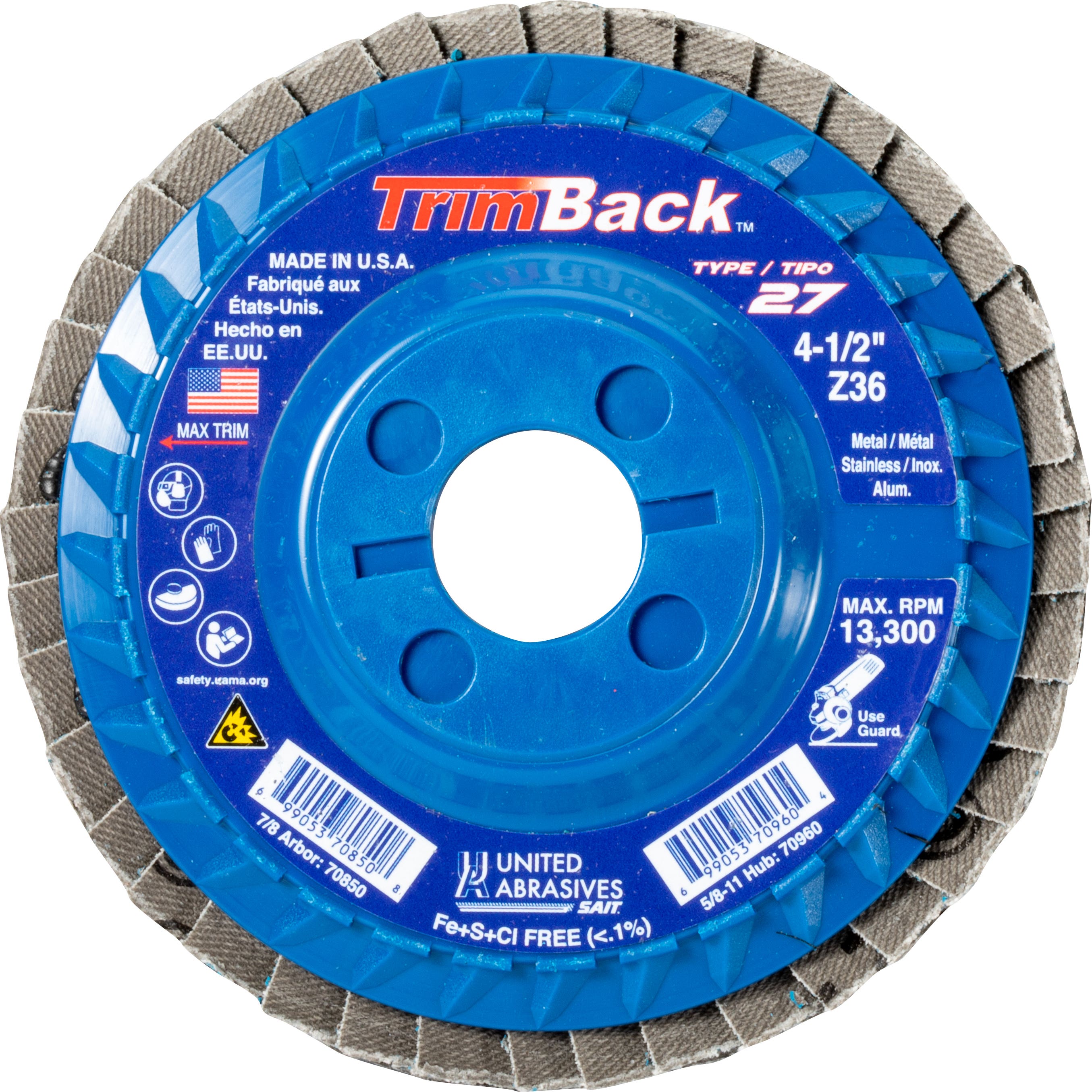 4-1/2" x 7/8" Trimback Flap Discs, Type 27, Premium Zirconium Grain - Regular Density on Plastic Backing Plate, 36 Grit, 13,300 Max RPM, United Abrasives 70850