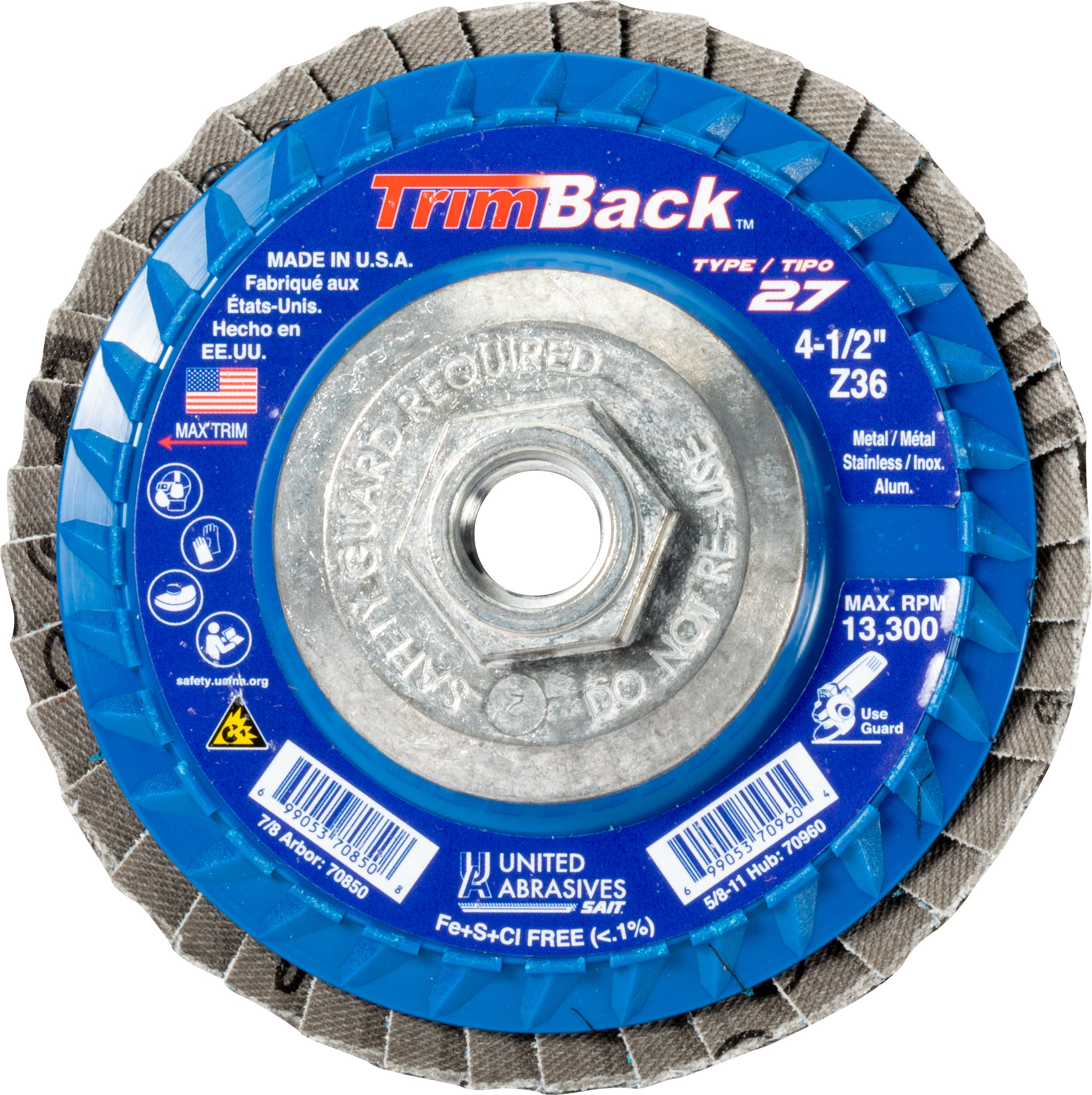 4-1/2" x 5/8"-11 Trimback Flap Discs, Type 27, Premium Zirconium Grain - Regular Density on Plastic Backing Plate, 36 Grit, 13,300 Max RPM, United Abrasives 70960