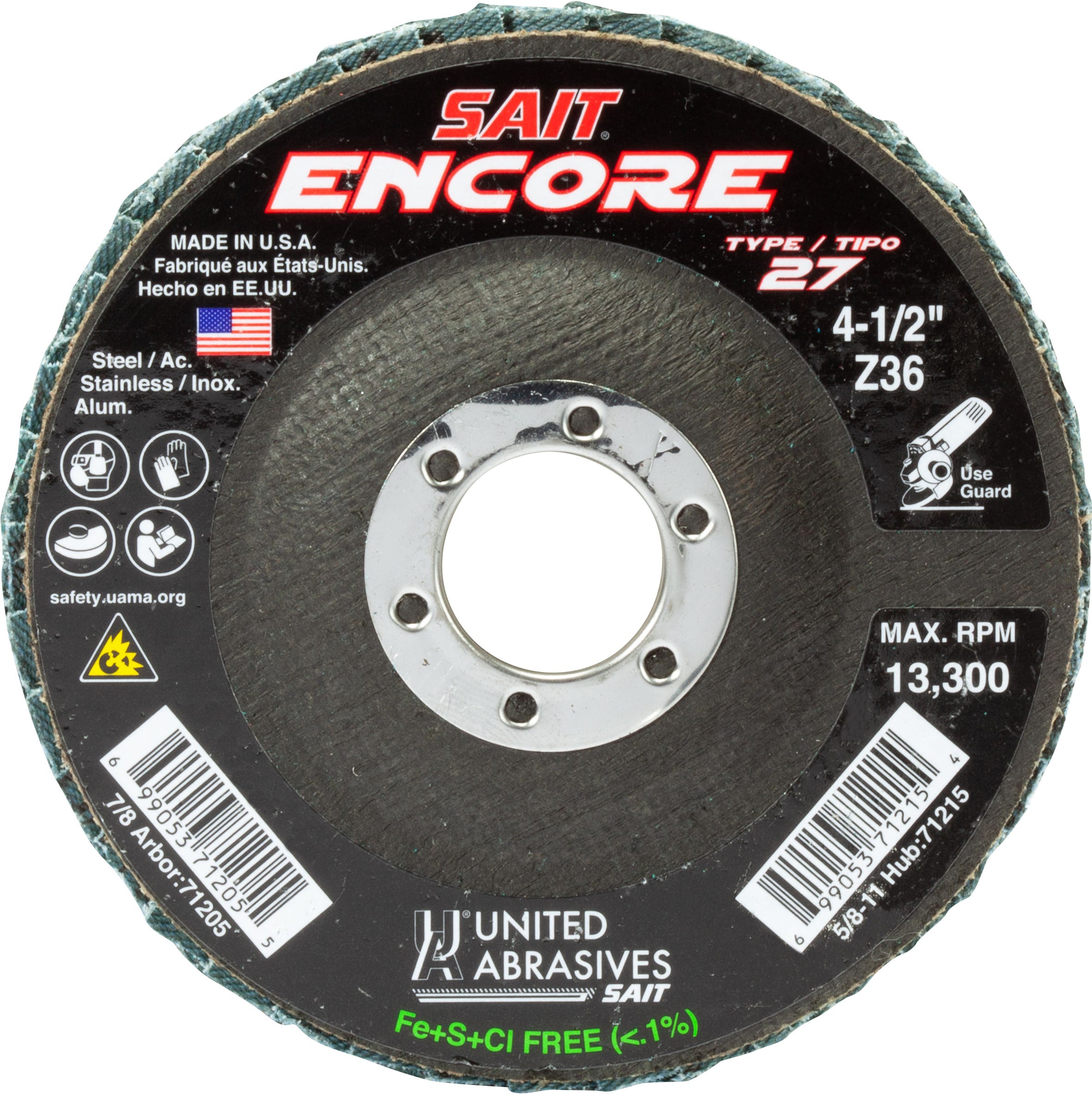 4-1/2" x 7/8" Sait Encore Flap Discs, Type 27, 36 Grit, United Abrasives 71205