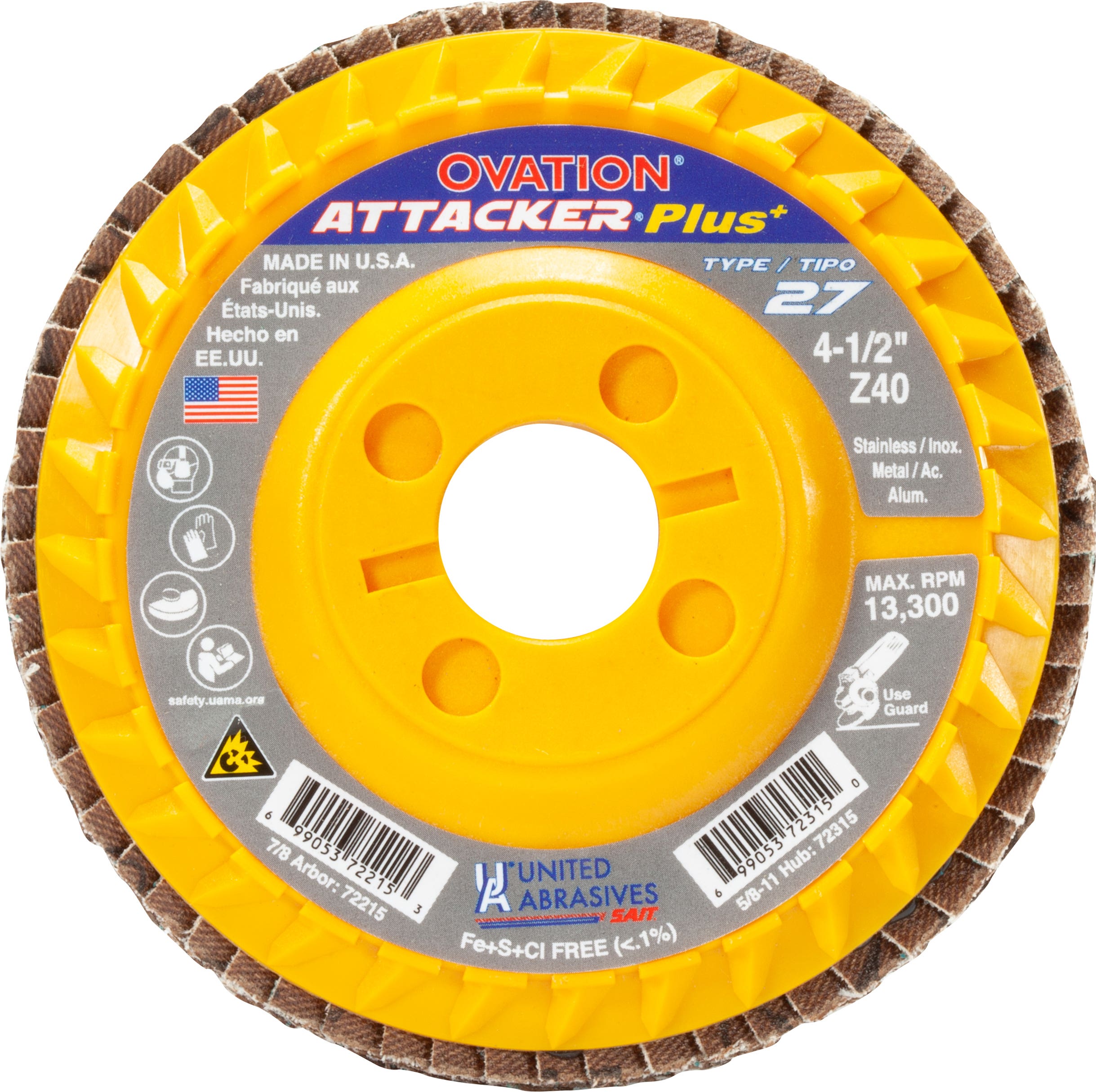 4-1/2" x 7/8" Ovation Attacker Plus+ Flap Discs, 40 Grit, Type 27, Premium Zirconium Grain, 13,300 Max RPM, Plastic Backing, High Density, United Abrasives 72215