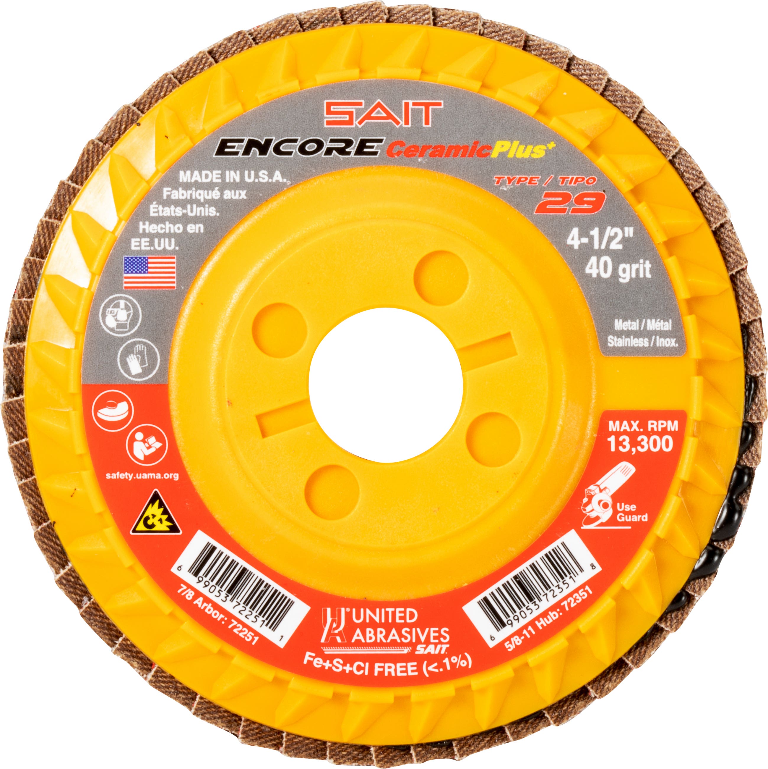 4-1/2" x 7/8" SAIT Encore Ceramic Plus+ Flap Discs, 40 Grit, Type 29, Premium Ceramic Grain, Plastic Backing, Regular Density, United Abrasives 72251