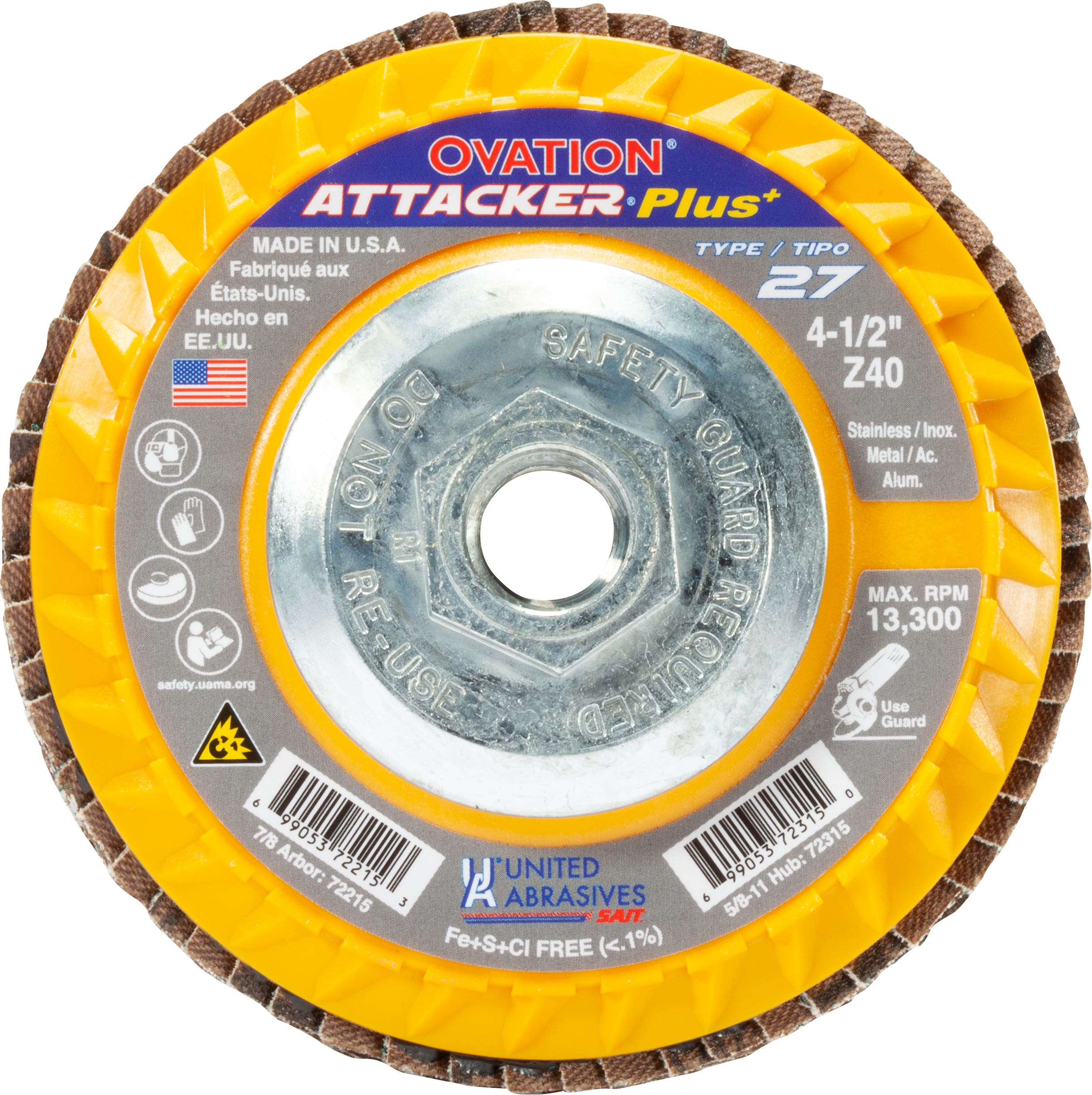 4-1/2" x 5/8"-11 Ovation Attacker Plus+ Flap Discs with Super-Lock™ Hub, 40 Grit, Type 27, Premium Zirconium Grain, 13,300 Max RPM, Plastic Backing, High Density, United Abrasives 72315