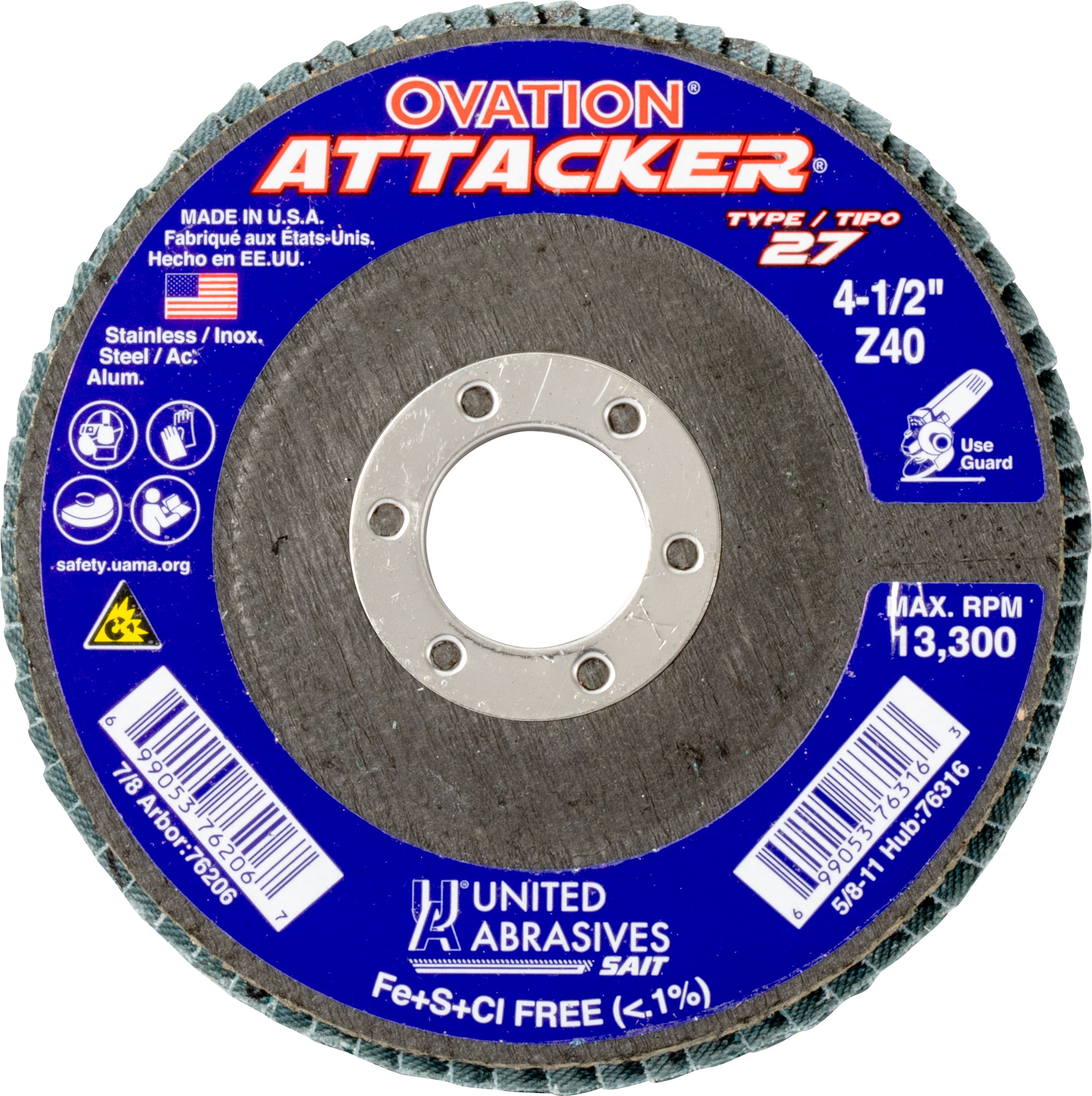 4-1/2" x 7/8" Z Premium Zirconium Grain Ovation Attacker Flap Discs, 40 Grit, High Density, United Abrasives 76206