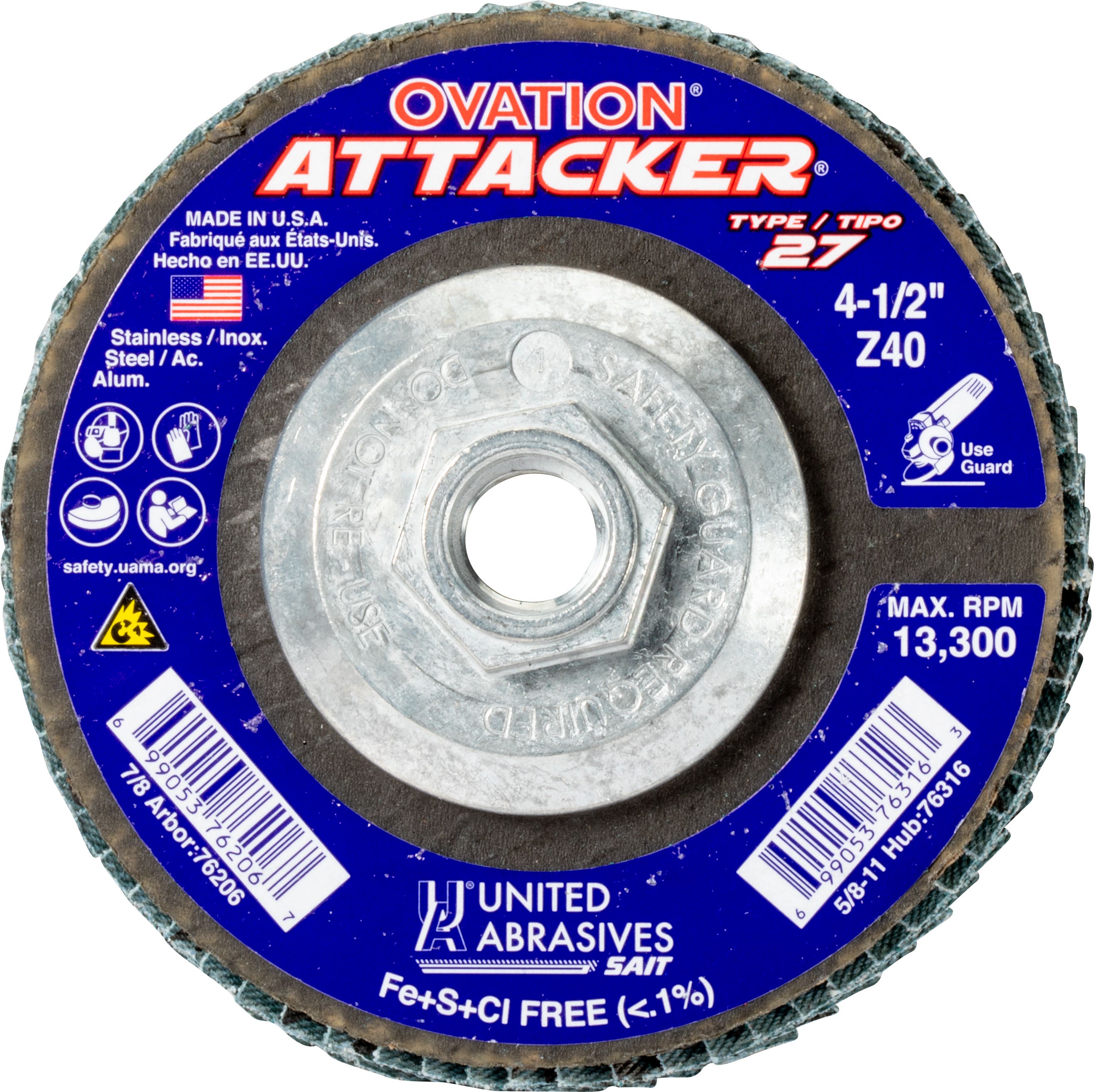 4-1/2" x 5/8"-11 Z Premium Zirconium Grain Ovation Attacker Flap Discs, 40 Grit, High Density, United Abrasives 76316