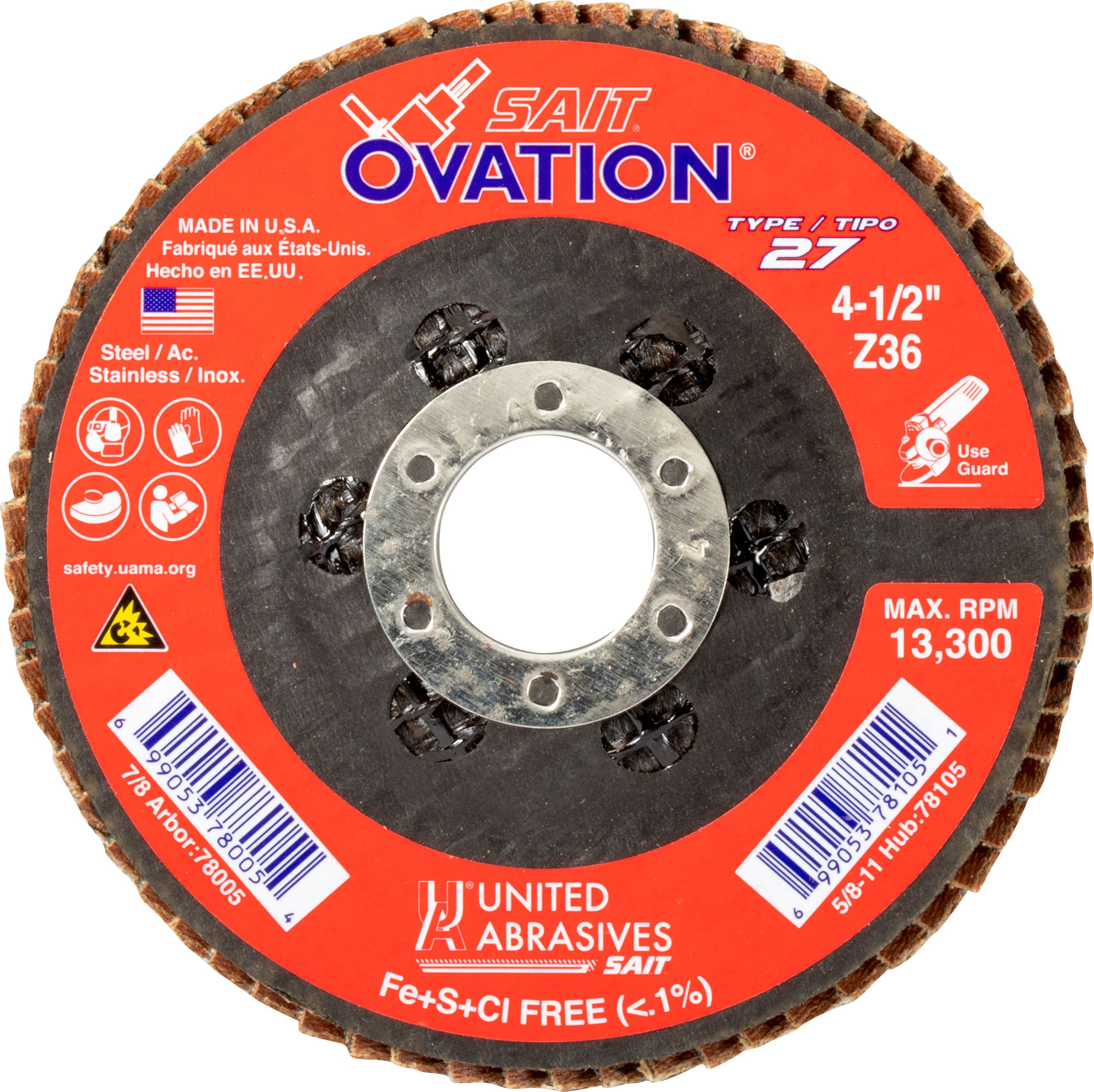 4-1/2" x 7/8" Z Premium Zirconium Sait Ovation Flap Discs, High Density, Type 27, 36 Grit, 13,300 Max RPM, United Abrasives 78005