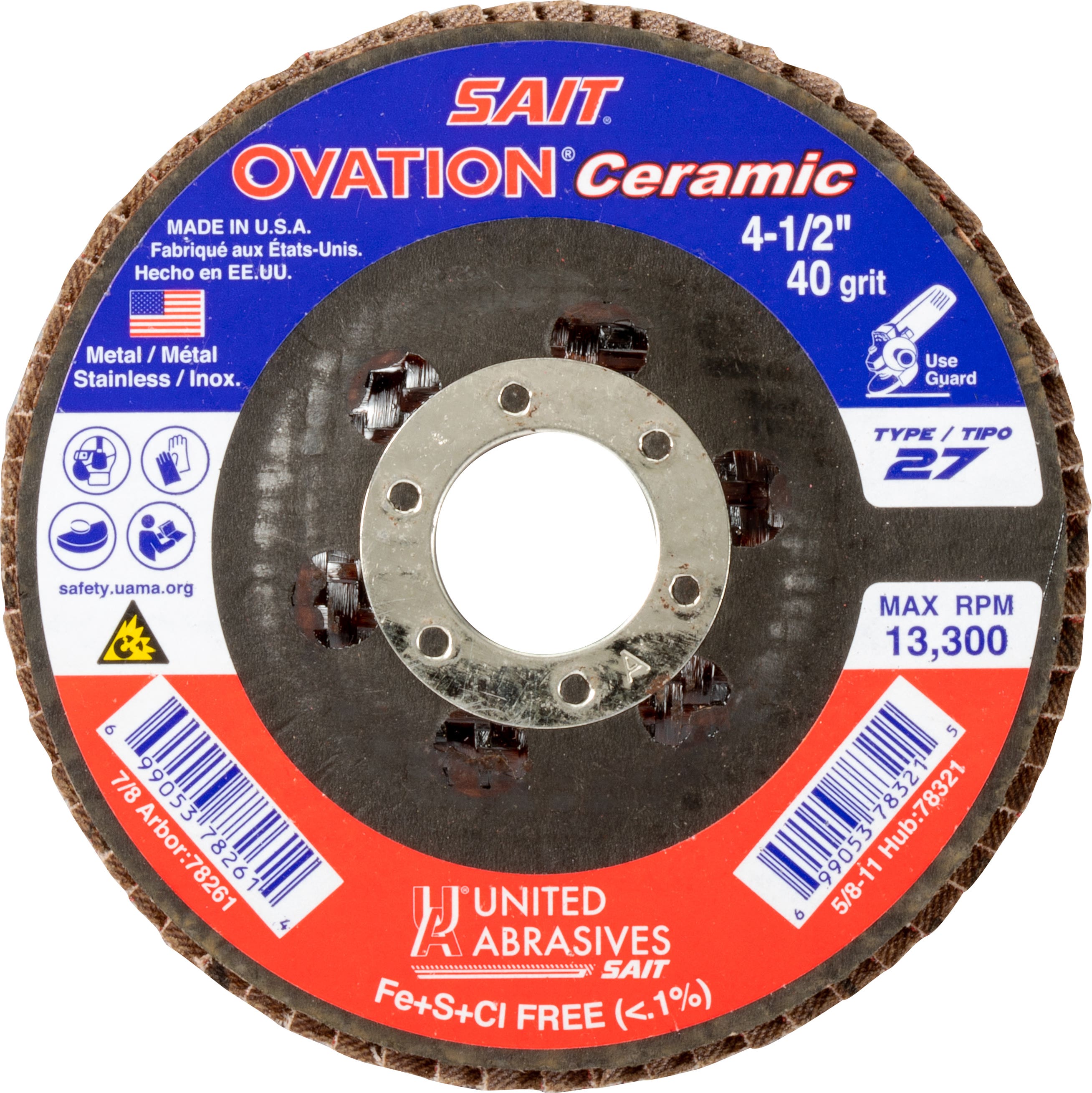 4-1/2" x 7/8" Sait Ovation Ceramic Flap Discs, Type 27, 40 Grit, United Abrasives 78261