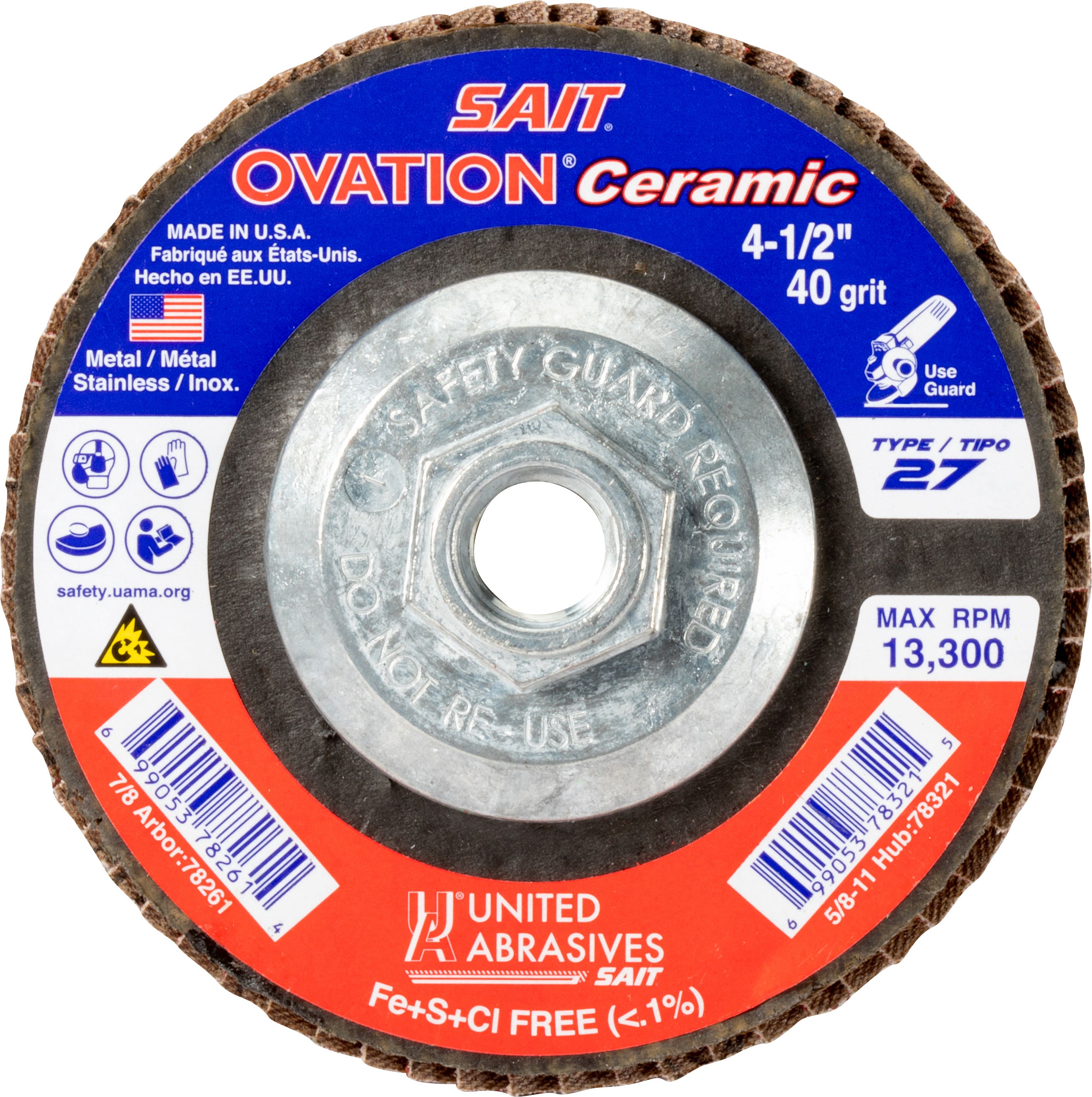 4-1/2" x 5/8"-11 Sait Ovation Ceramic Flap Discs, Type 27, 40 Grit, United Abrasives 78321
