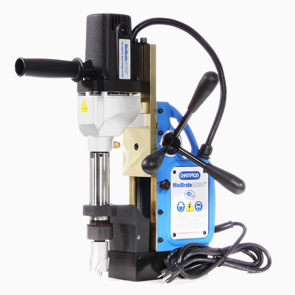 Champion AC35 MiniBrute Magnetic Drill Press with Quick Change Cutter Arbor, Cutter Capacity: 1-3/8" Dia. x 2" Depth, 600 RPM, Magnetic Strength: 2,200 lbs, Weight: 23 lbs.