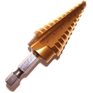 MSD-HEX-4 - TiN Coated MSD-HEX Step Drills, 3/16" - 7/8" (12 Steps), 135 Degree Split Point, 2 Flute, 1/4" Hex Shank, High Speed Steel with Titanium Nitride Surface Treatment