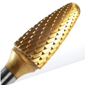Champion SF6 Tree Shaped Radius Carbide Bur for Work on Narrow Contours, 5/8" Cutting Diameter, 1" Length of Cut, Double Cut Titanium Nitride Coated