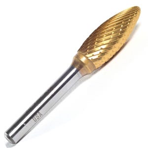 Champion SH1 Flame Shaped Carbide Bur for Contouring, 1/4" Cutter Diameter, 5/8" Length of Cut, Double Cut Titanium Nitride Coated