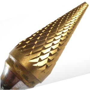Champion SM6 Cone Shaped Carbide Bur for Narrow Contours / Surface Machining, 5/8" Cutter Diameter, 1" Length of Cut, 31 Degree Included Angle, Double Cut Titanium Nitride Coated