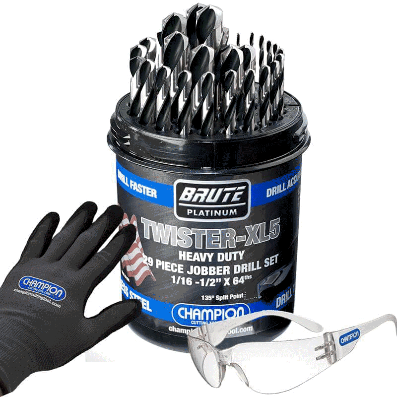 Champion Brute Platinum XL5 Promo Pack, Includes 29 Piece XL5 Twister Drill Set (TWISTER-XL5), Champion Work Gloves & Safety Glasses