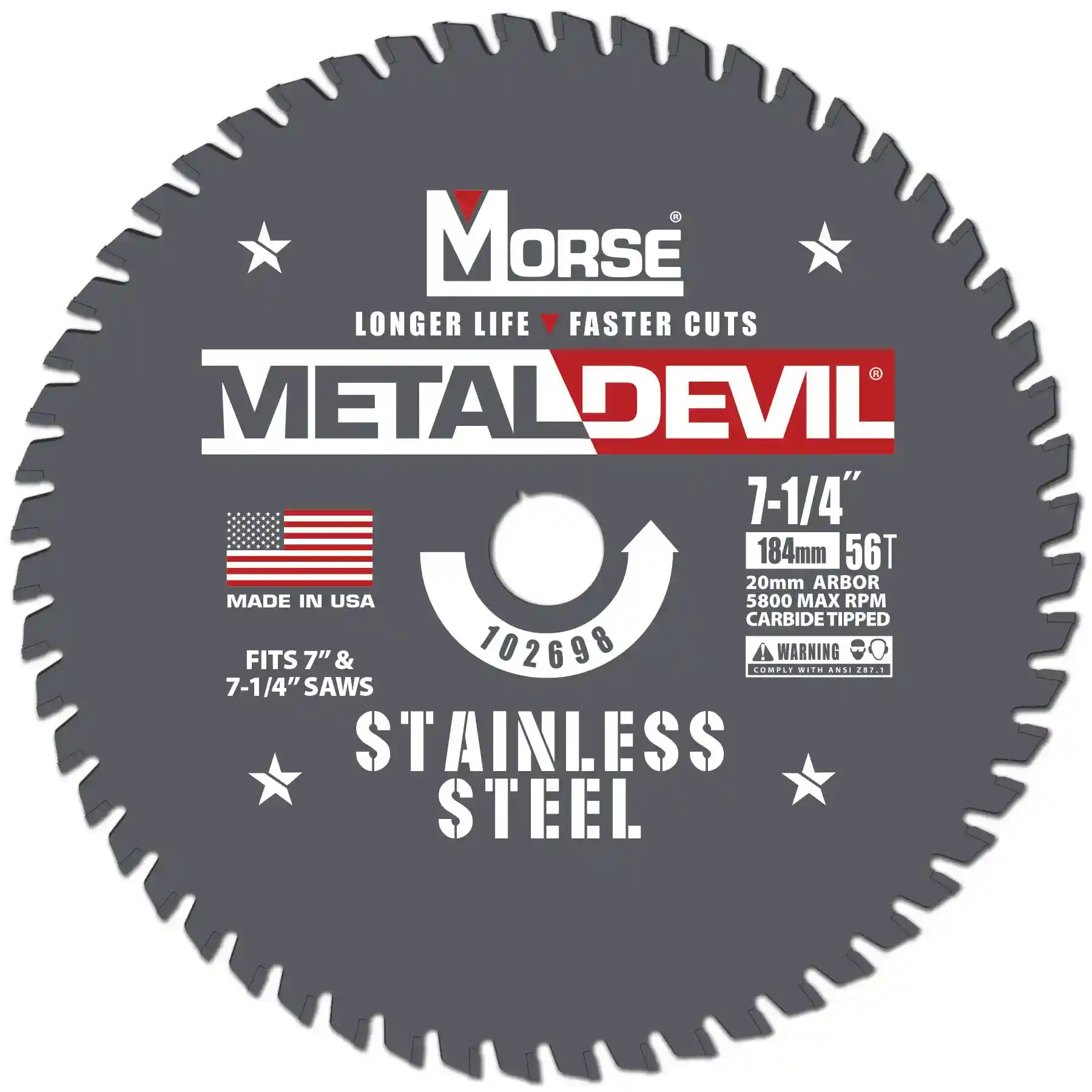 7-1/4" 56 TPI, Metal Devil Blade with 20mm Arbor for Stainless Steel Applications