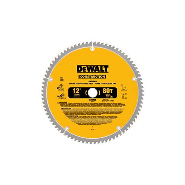 12" x .069" Fine Finish Circular Saw Blade, 80 Teeth, 1" Arbor, 7 Degree Hook Angle, .095" Kerf, ATB Tooth Grind, DeWalt® DW3128