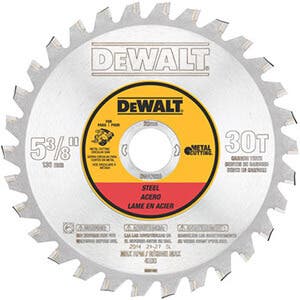 5-3/8" x .044" Ferrous Metal Cutting Circular Saw Blade, 30 Teeth, 20mm Arbor, 1.5 Degree Hook Angle, .059" Kerf, TCG Tooth Grind, DeWalt® DWA7538
