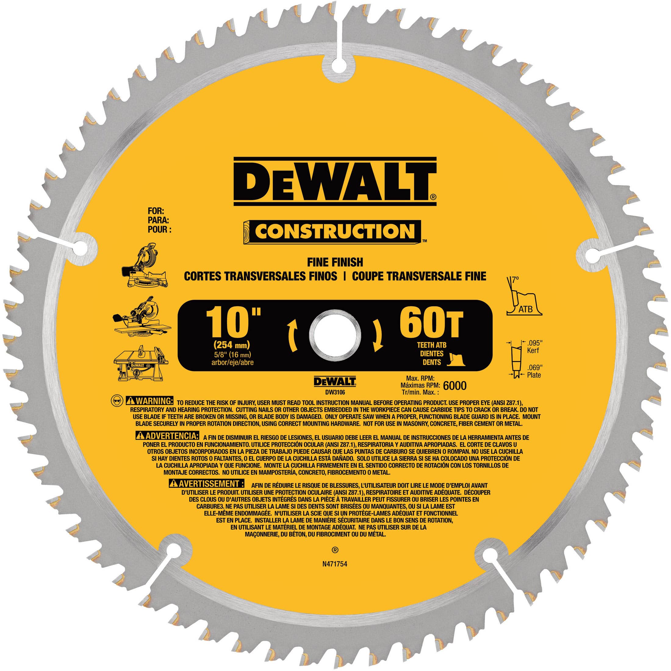 10" x .069" Fine Finish Circular Saw Blade, 60 Teeth, 5/8" Arbor, 7 Degree Hook Angle, .095" Kerf, ATB Tooth Grind, DeWalt® DW3106
