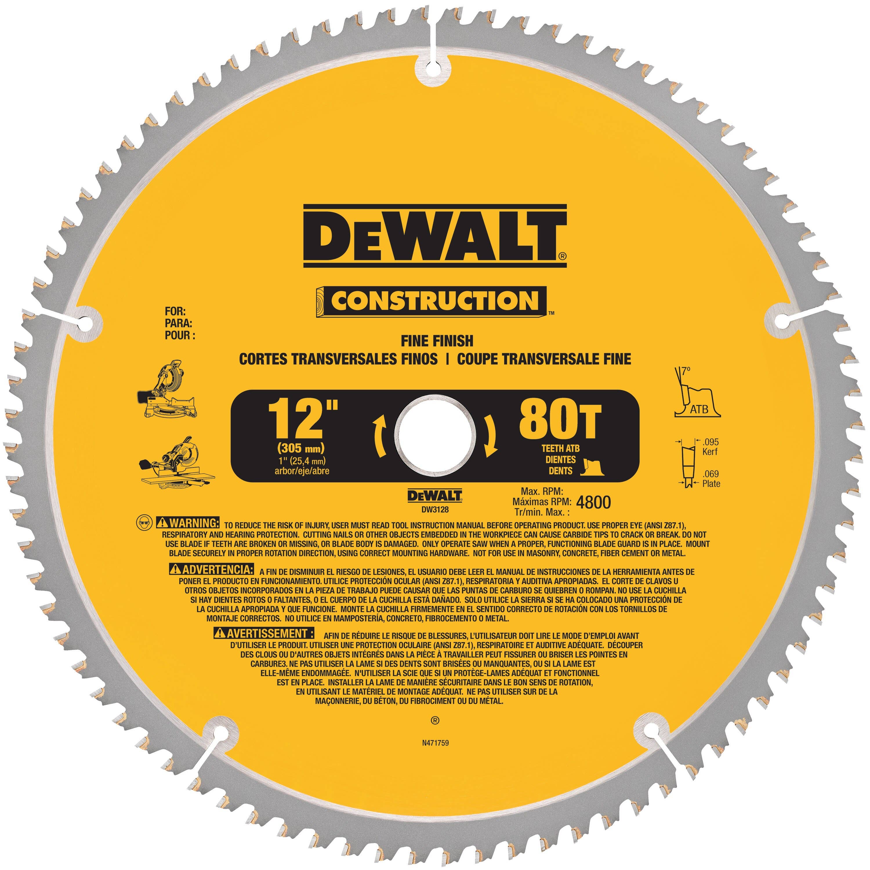 12" x .069" Fine Finish Circular Saw Blade, 60 Teeth, 1" Arbor, 7 Degree Hook Angle, .095" Kerf, ATB Tooth Grind, DeWalt® DW3126