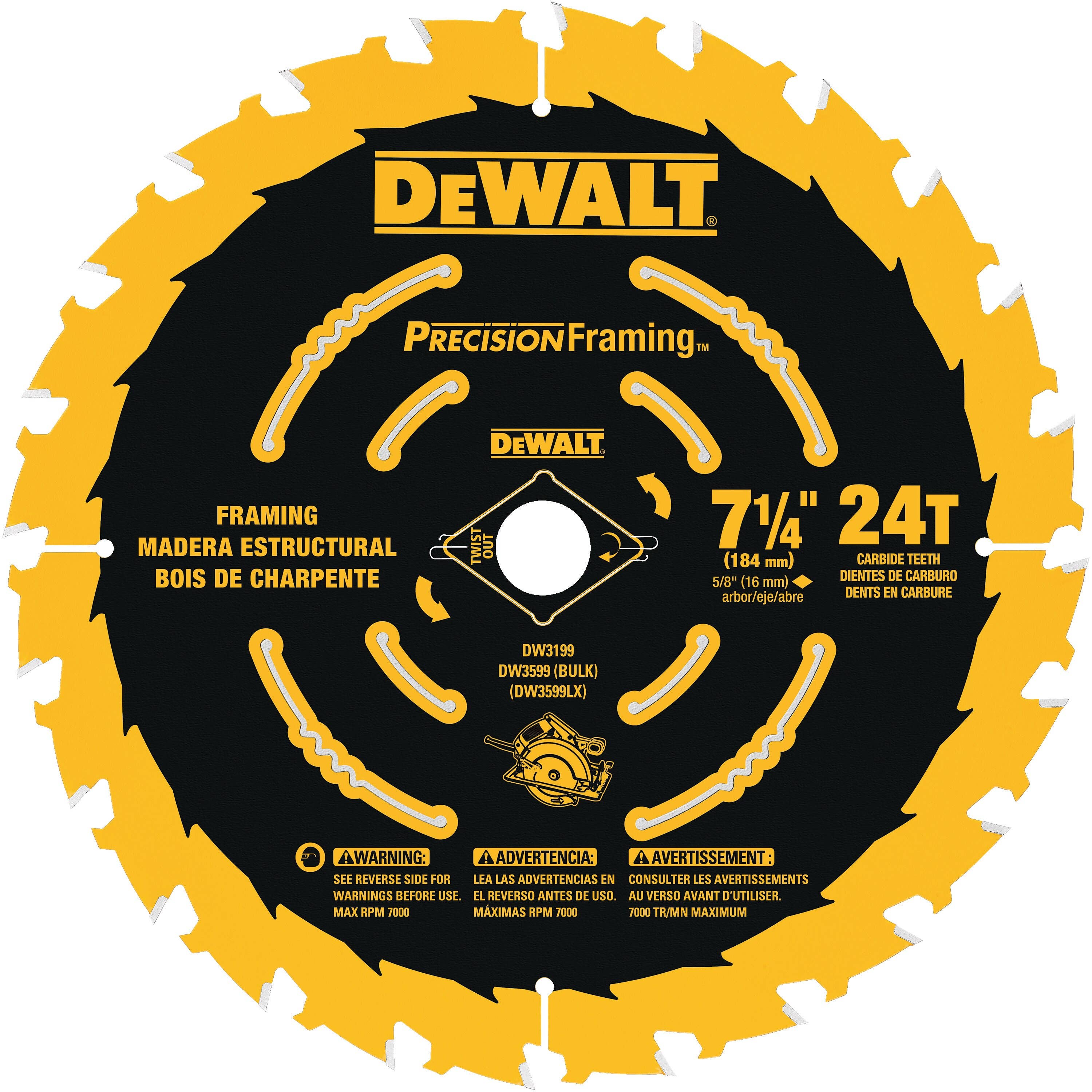 6-1/2" x .039" Precision Framing™ Framing Circular Saw Blade, 24 Teeth, 5/8" Arbor, 18 Degree Hook Angle, .063" Kerf, ATB Tooth Grind, DeWalt® DW9199