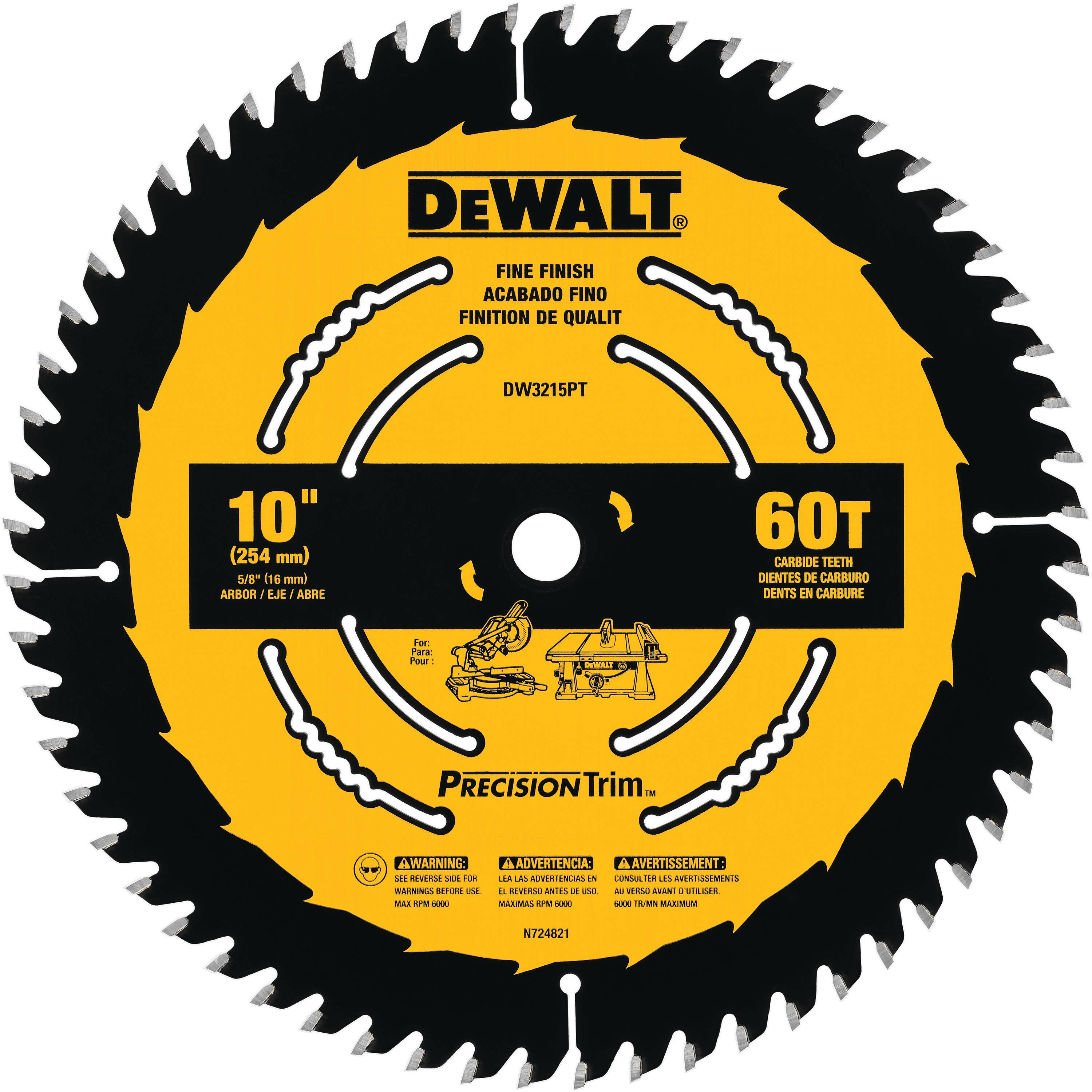 10" x .071" Precision Trim™ Combination Circular Saw Blade, 50 Teeth, 5/8" Arbor, 15 Degree Hook Angle, .098" Kerf, ATB+R Tooth Grind, DeWalt® DW7150PT