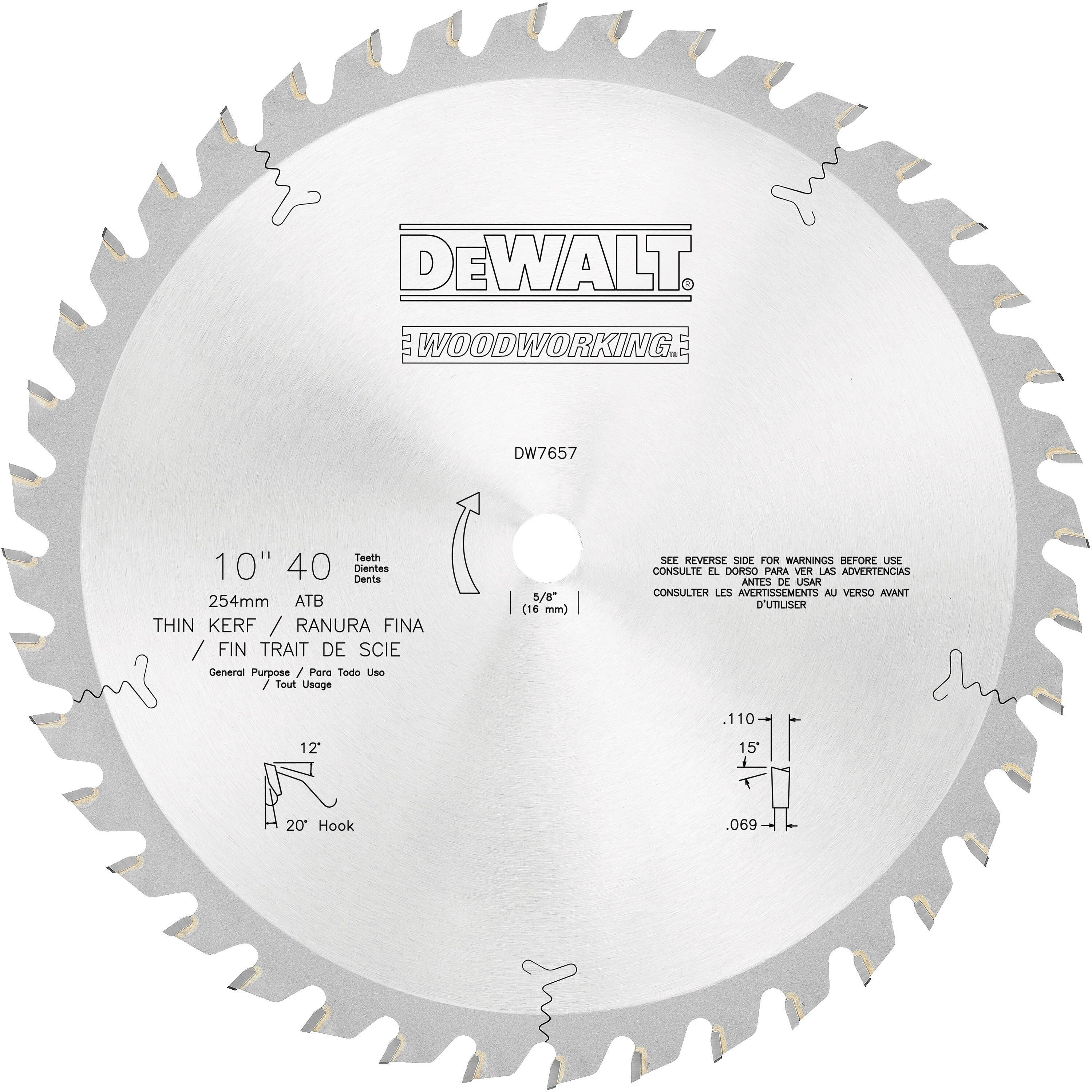 10" x .069" Combination Woodworking Circular Saw Blade, 50 Teeth, 5/8" Arbor, 15 Degree Hook Angle, .110" Kerf, 4ATB+R Tooth Grind, DeWalt® DW7640