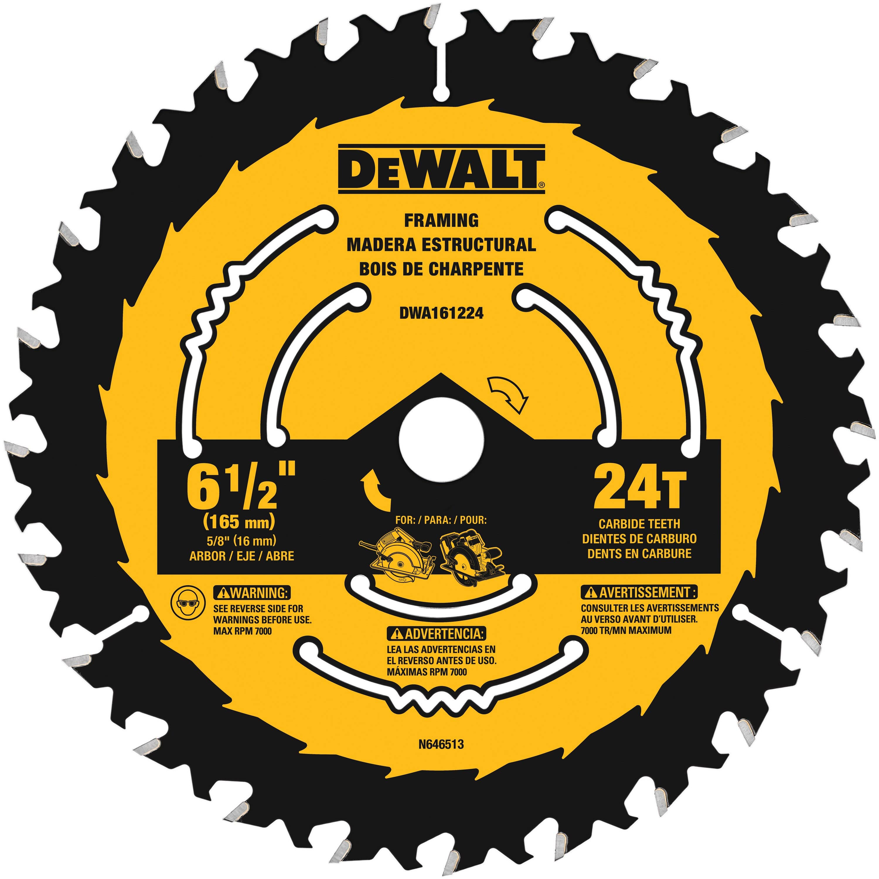 6-1/2" x .039" Carbide - Fast Cutting Circular Saw Blade, 18 Teeth, 5/8" Arbor, 20 Degree Hook Angle, .059" Kerf, ATB Tooth Grind, DeWalt® DW9155