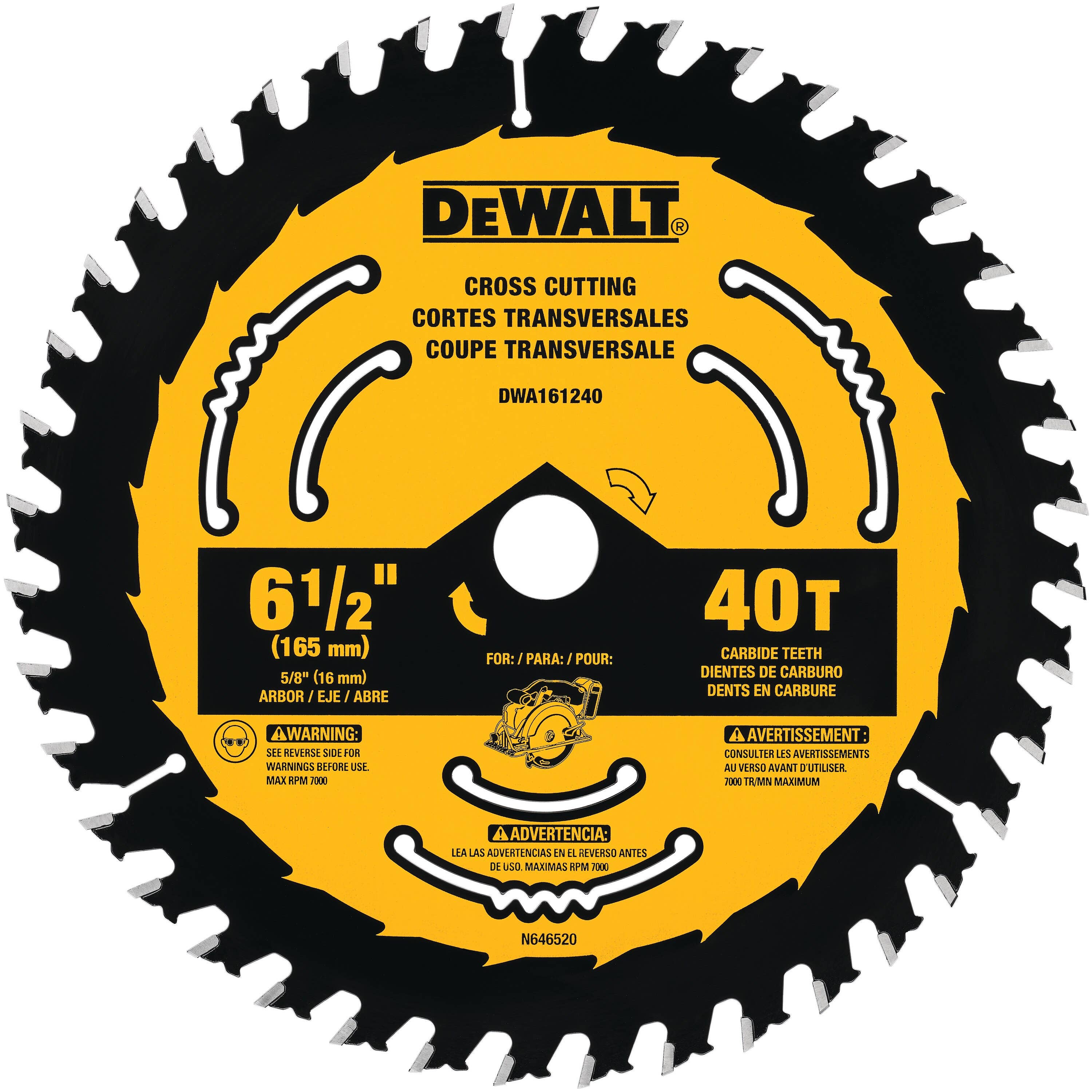 6-1/2" x .039" Precision Framing™ Cross Cutting Circular Saw Blade, 40 Teeth, 5/8" Arbor, 18 Degree Hook Angle, .063" Kerf, ATB Tooth Grind, DeWalt® DW9196