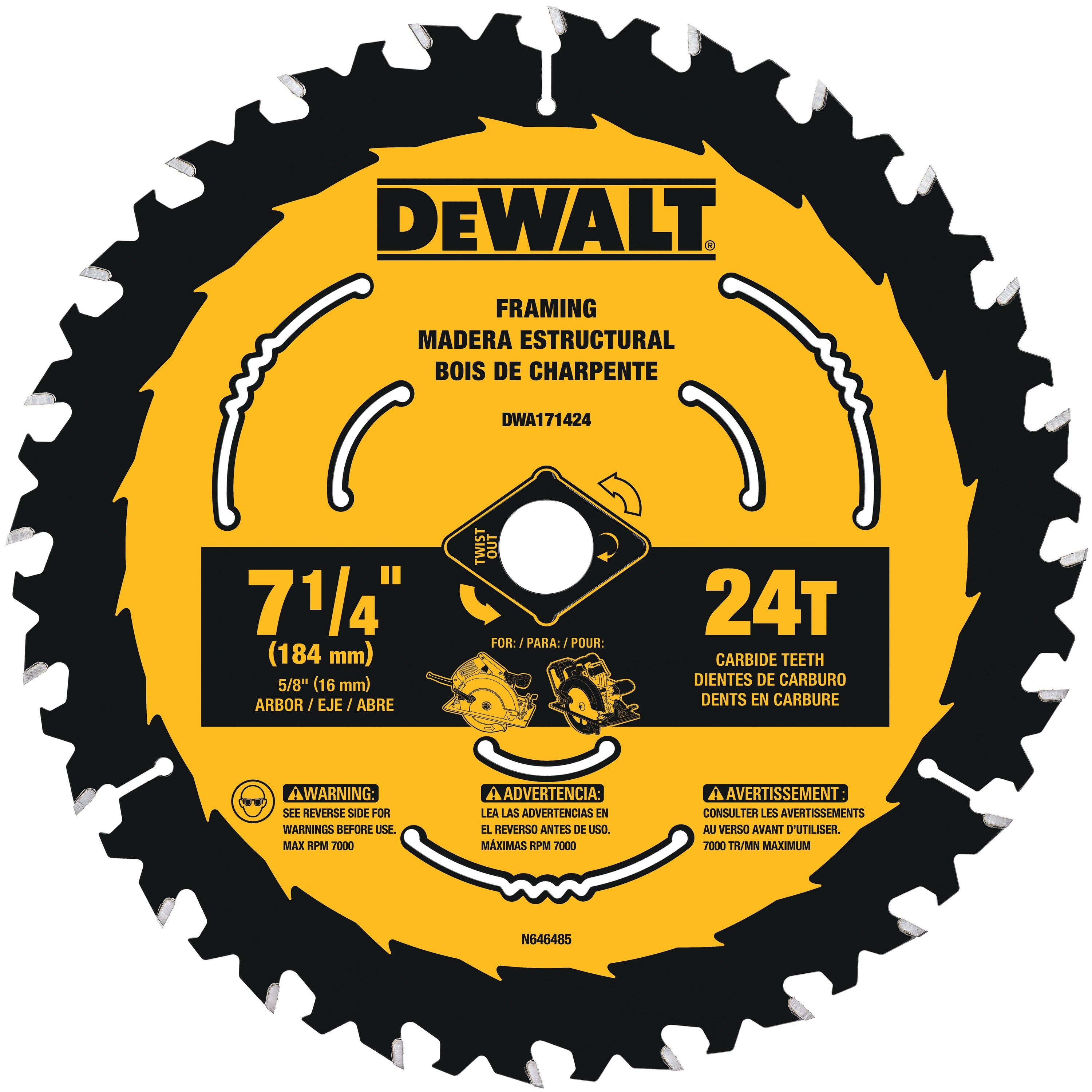 7-1/4" x .039" Precision Framing™ Cross Cutting Circular Saw Blade, 40 Teeth, 5/8" Arbor, 18 Degree Hook Angle, .063" Kerf, ATB Tooth Grind, DeWalt® DW3194