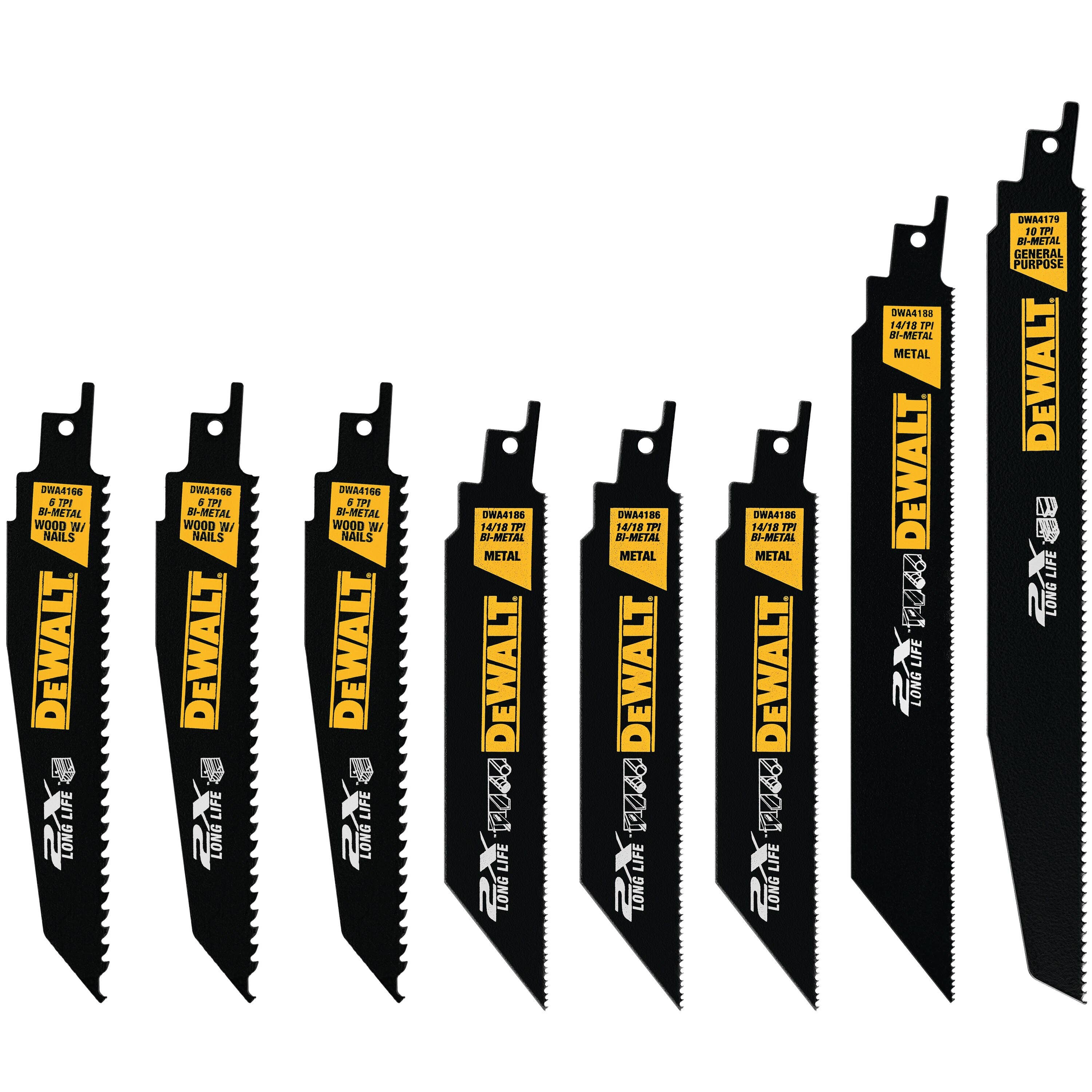8 Piece Bi-Metal 2X™ Long Life Reciprocating Saw Blade Set with TOUGH CASE®, DeWalt® DWA4101
