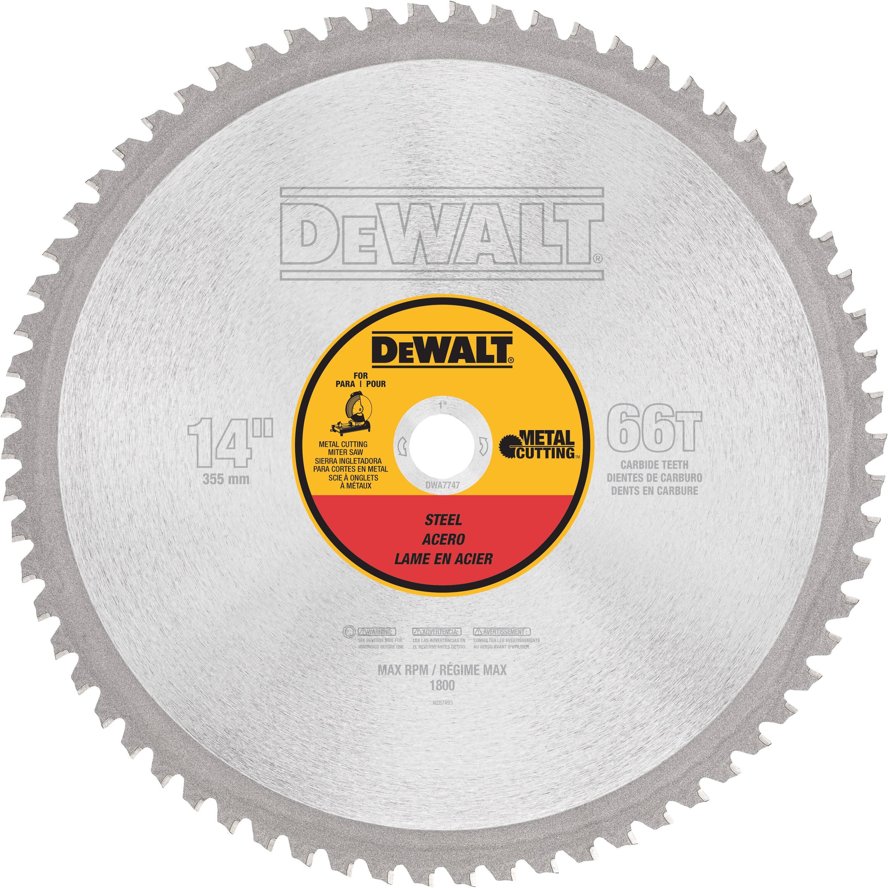7-1/4" x .063" Ferrous Metal Cutting Circular Saw Blade, 48 Teeth, 5/8" Arbor, 1.5 Degree Hook Angle, .077" Kerf, TCG Tooth Grind, DeWalt® DWA7766