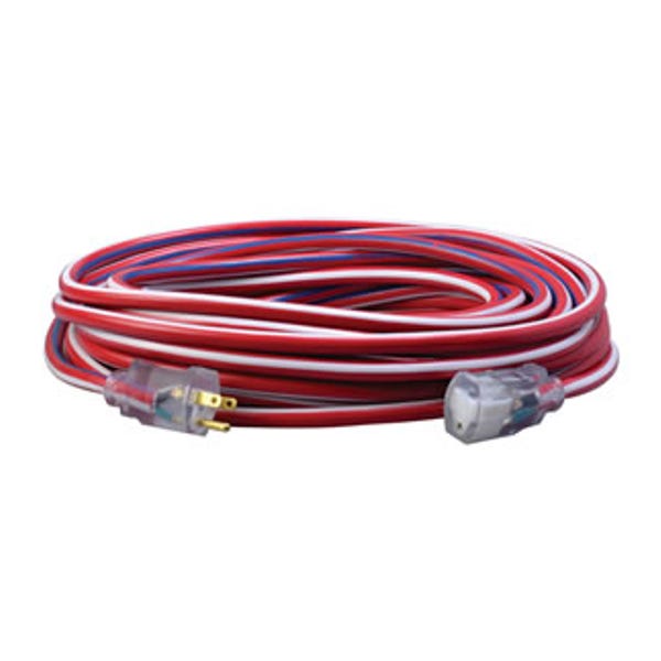 100' SJTW ProPower Outdoor Extension Cord with Lighted Ends, 12/3, 15 Amps, 125 Volts, Red/White/Blue