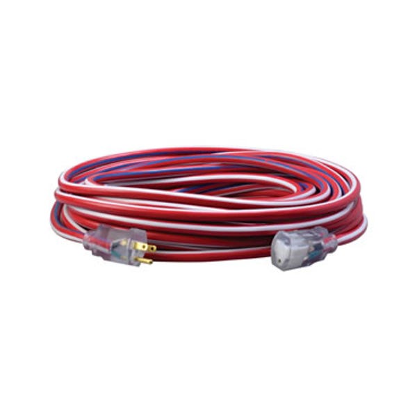 50' SJTW ProPower Outdoor Extension Cord with Lighted Ends, 12/3, 15 Amps, 125 Volts, Red/White/Blue