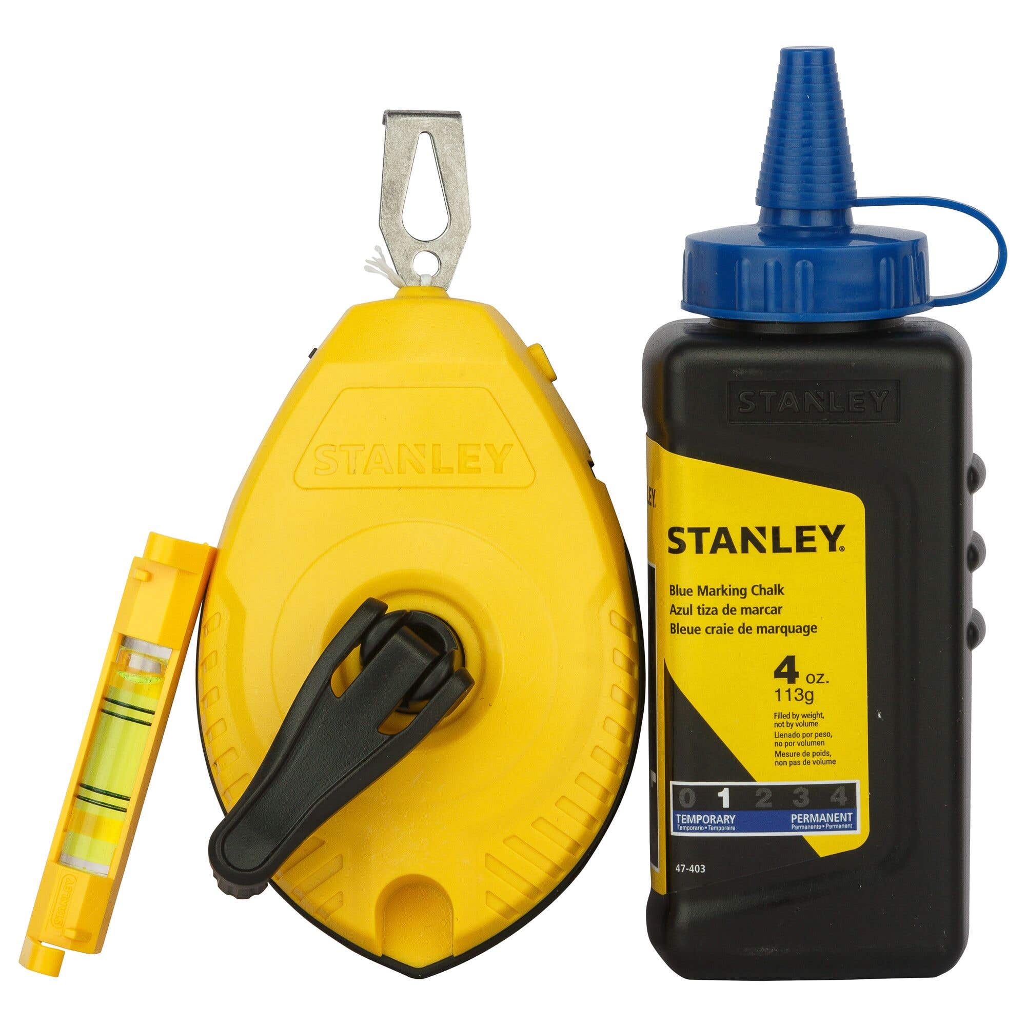 Stanley Chalk Box Set, 100" Line Length, 4 oz. Bottle of Blue Chalk, Plastic Line Level, 47-443