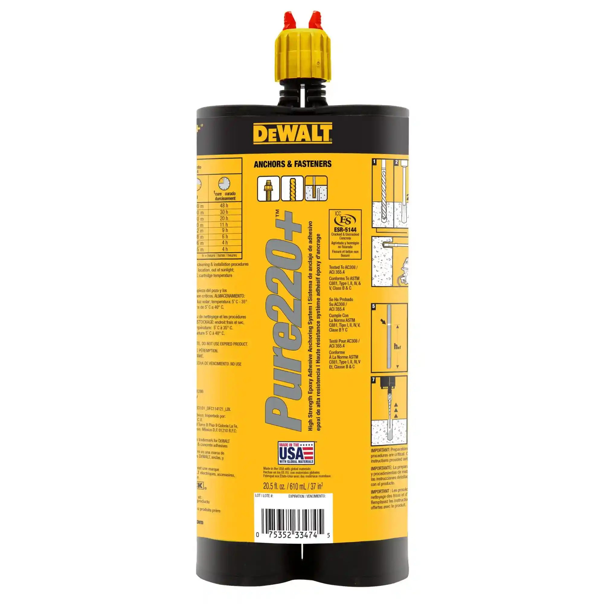 PURE220+™ Epoxy Injection Adhesive Anchoring System, 20.5 Fl. Oz. Dual Cartridge, 12-Pack, DeWalt DFC114121