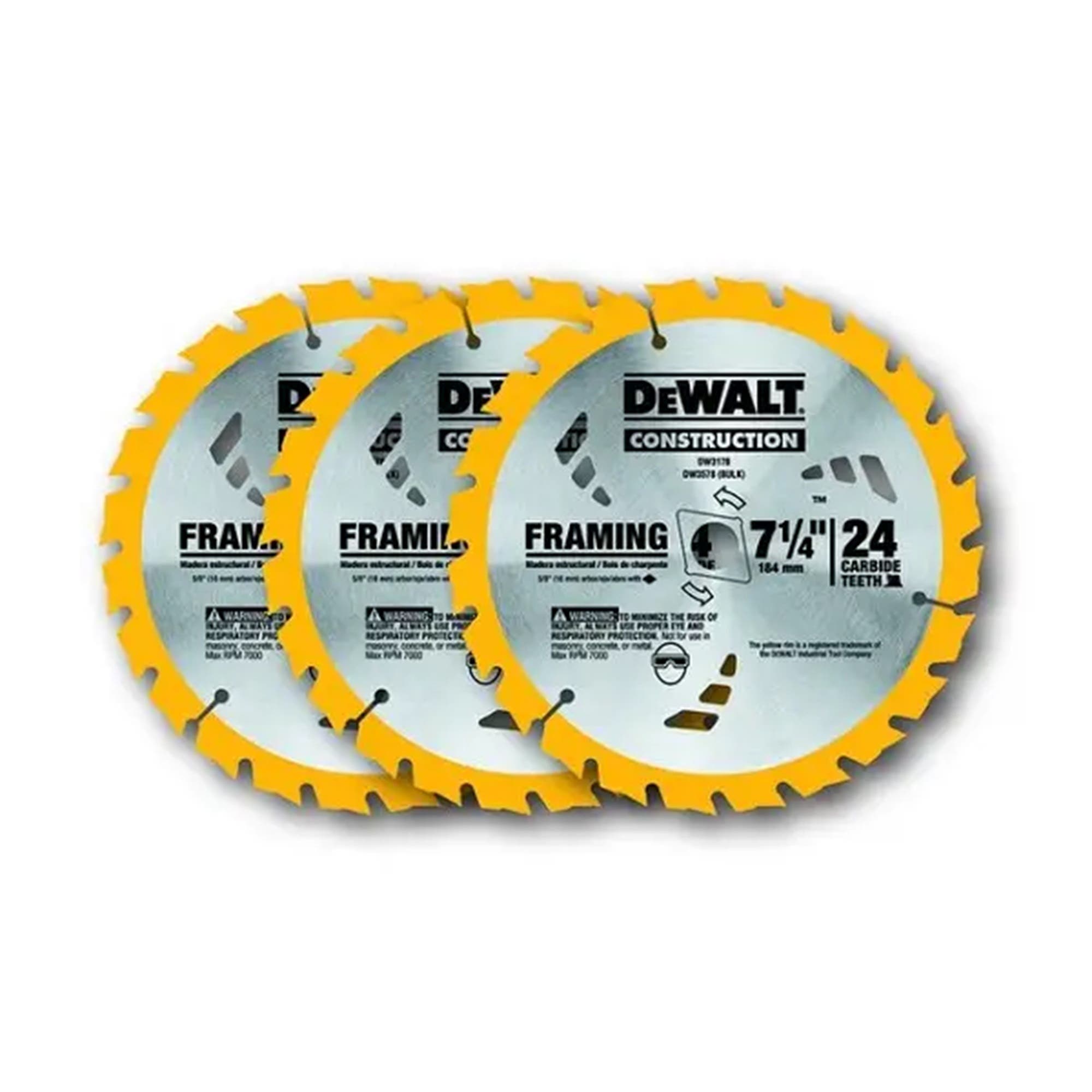 7-1/4" x .045" Carbide Tipped Framing Circular Saw Blade, 24 Teeth, 5/8" Arbor, 18 Degree Hook Angle, .071" Kerf, ATB Tooth Grind, DeWalt® DW3578P3