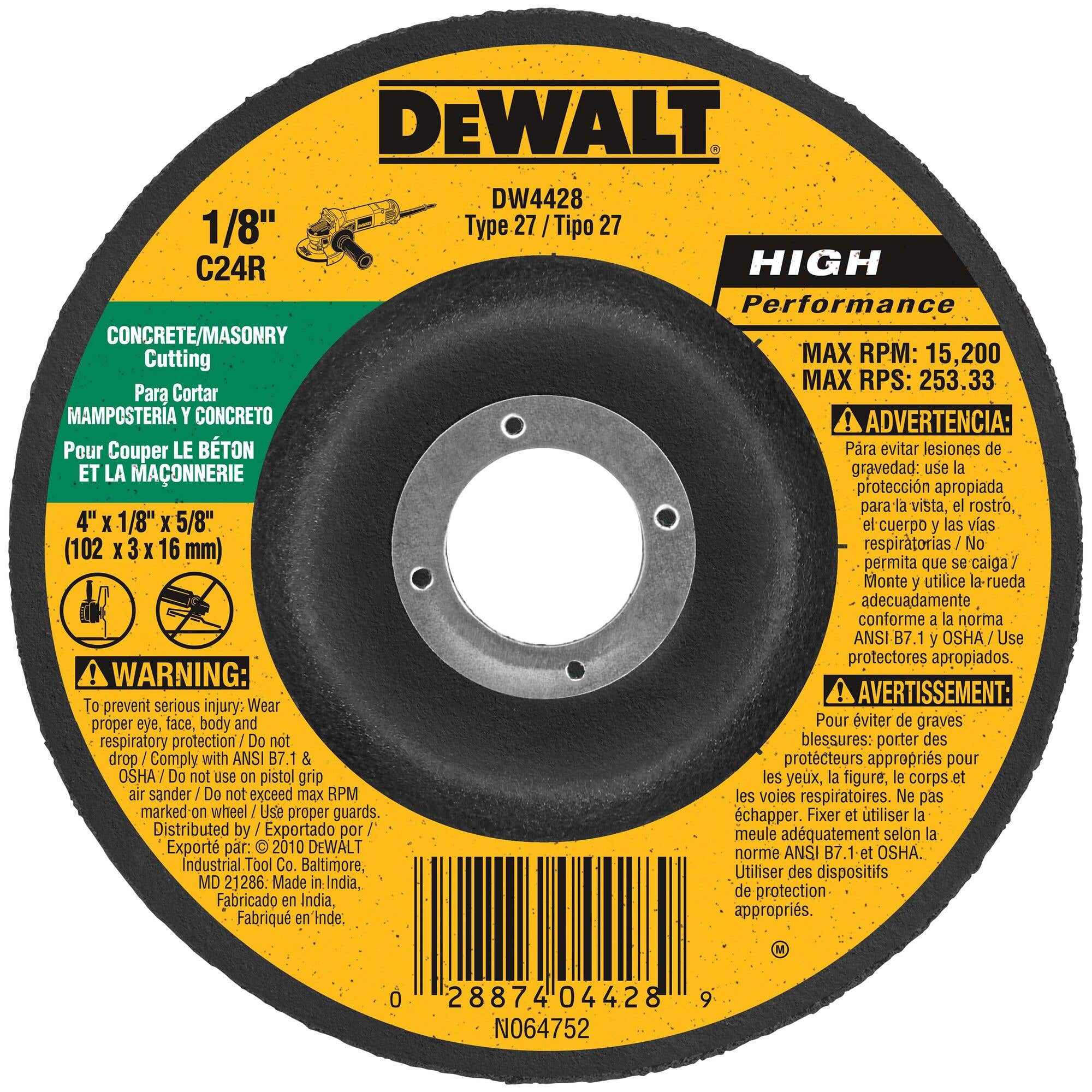 4" x 1/8" x 5/8" Concrete / Masonry Cutting Grinding Wheel, Type 27, DeWalt DW4428