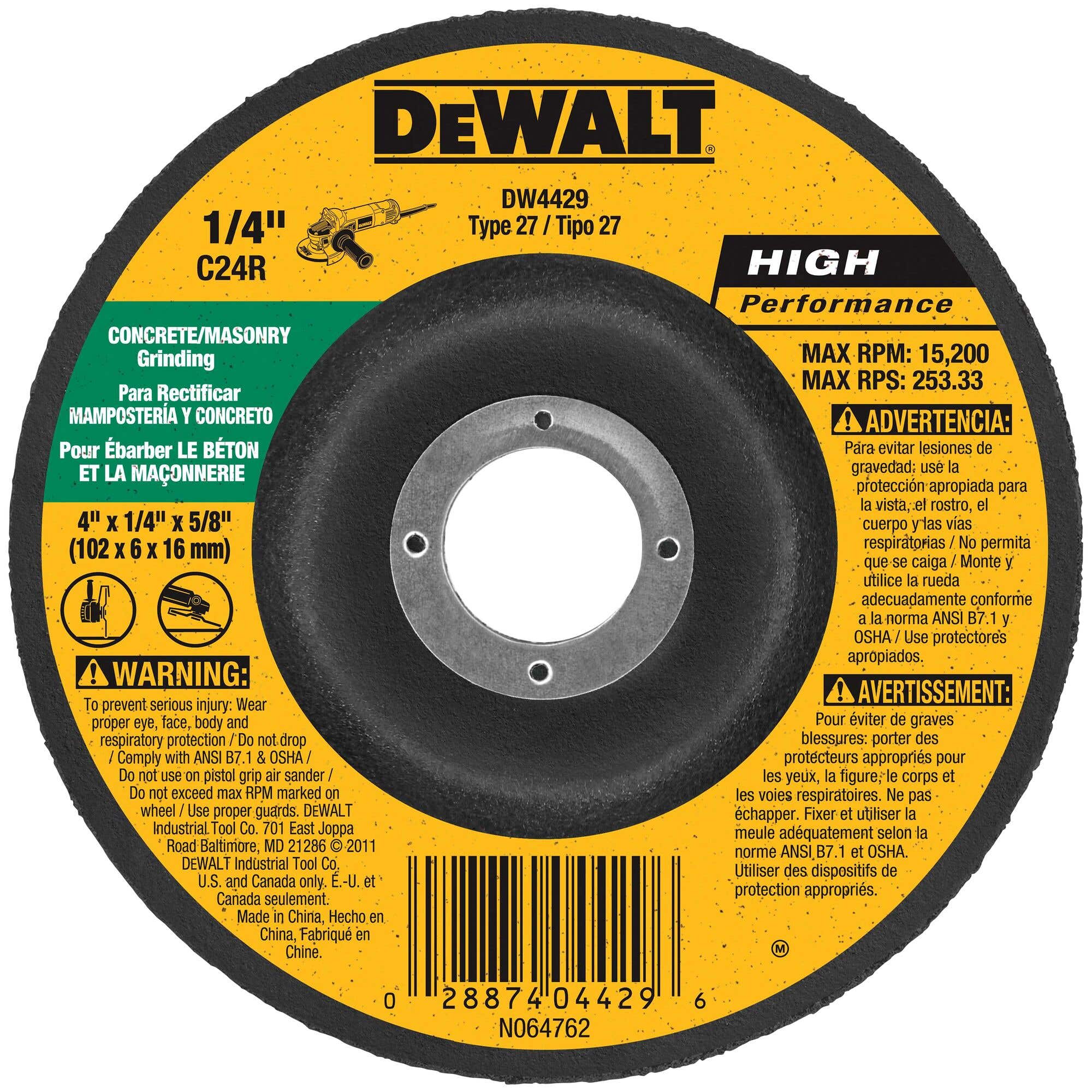 4" x 5/8" Concrete / Masonry Cutting Grinding Wheel, Type 27, DeWalt DW4429