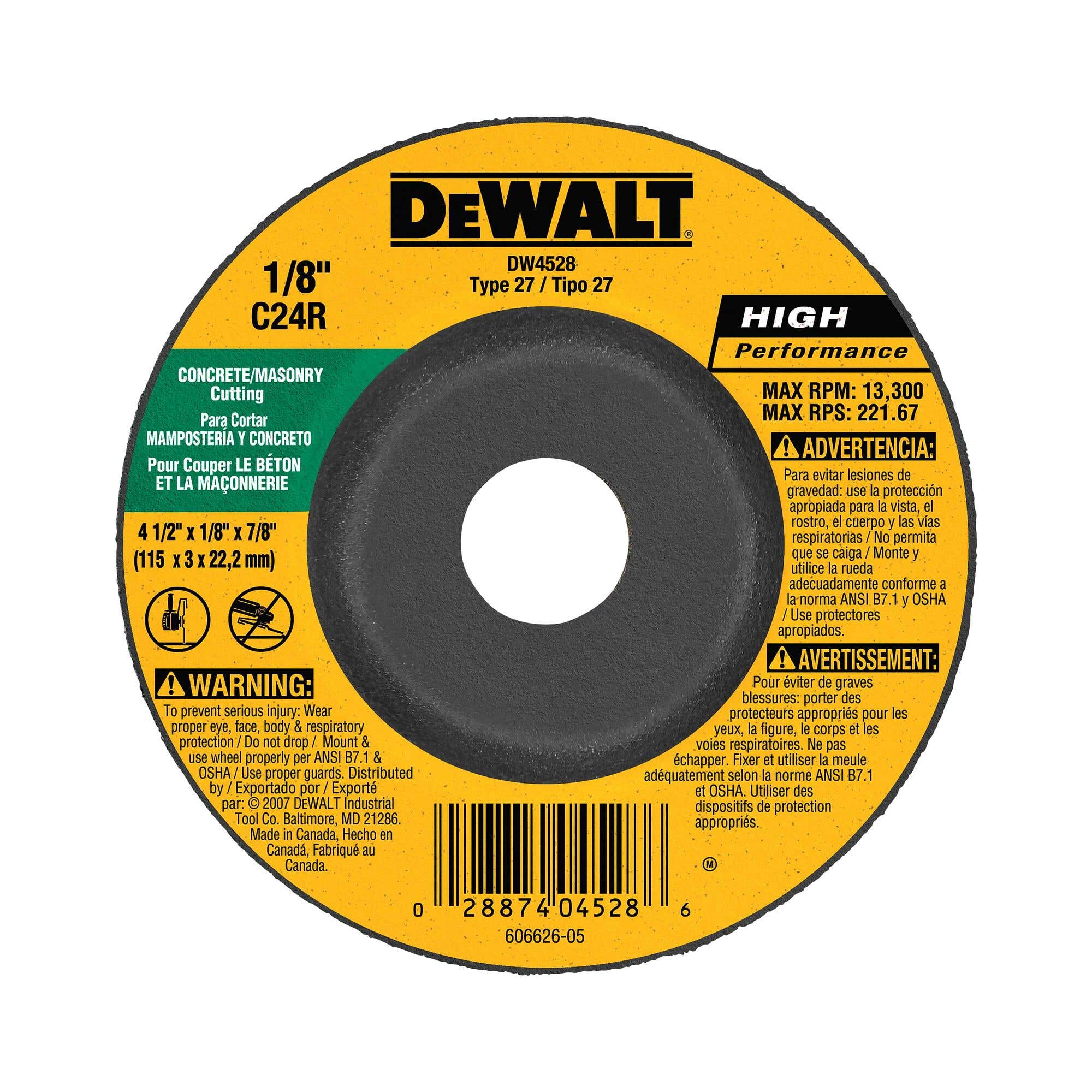 4-1/2" x 1/8" x 7/8" Concrete / Masonry Cutting Grinding Wheel, Type 27, DeWalt DW4528
