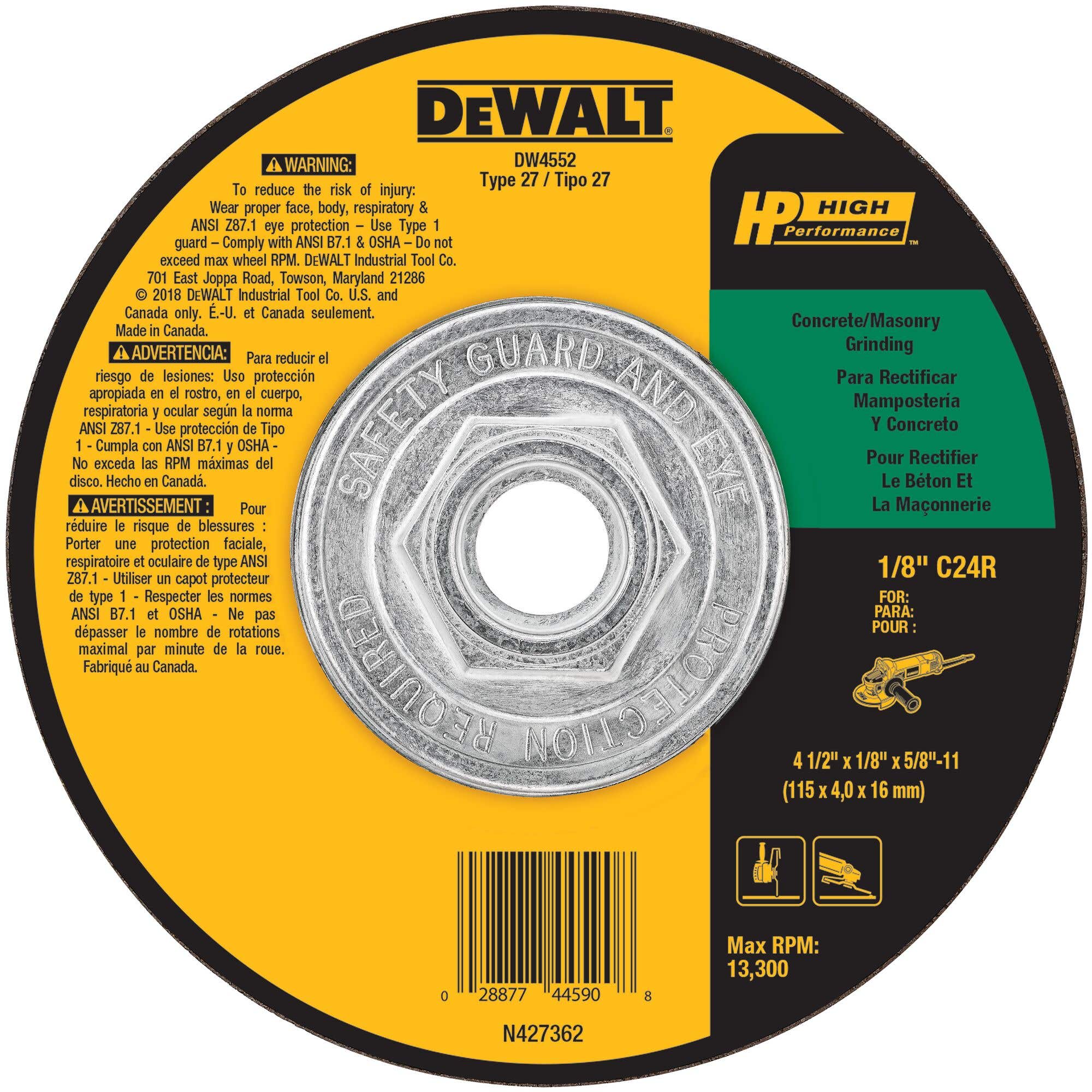 4-1/2" x 1/8" x 5/8" -11 Concrete / Masonry Cutting Grinding Wheel, Type 27, DeWalt DW4552