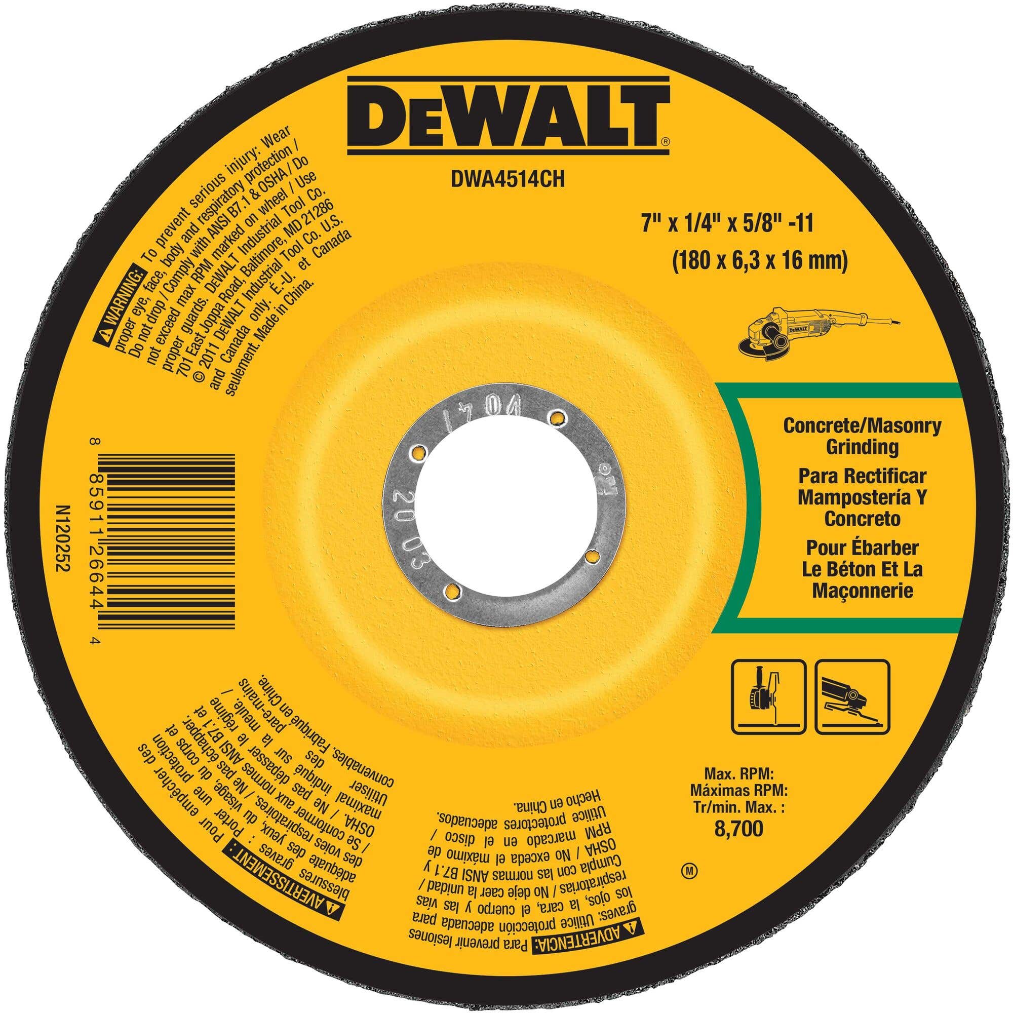 7" x 1/4" x 5/8"-11 Concrete/Masonry Grinding Wheel, Type 27, DeWalt DWA4514CH