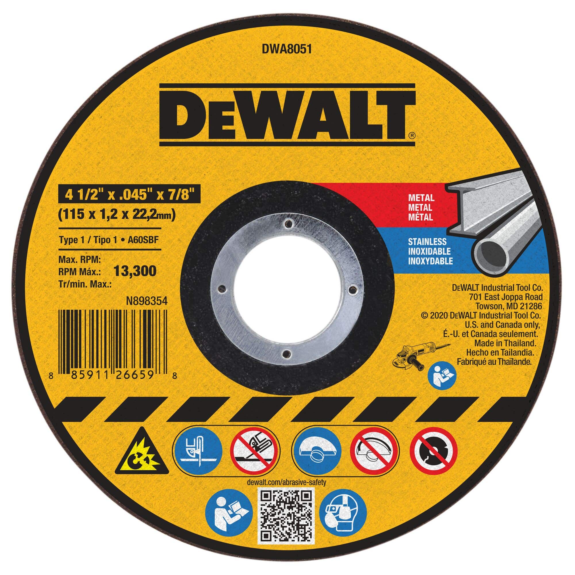 DeWalt® DWA8051 4-1/2" x 0.045" x 7/8" Metal Cut-Off Wheel for General Purpose (25/Box)