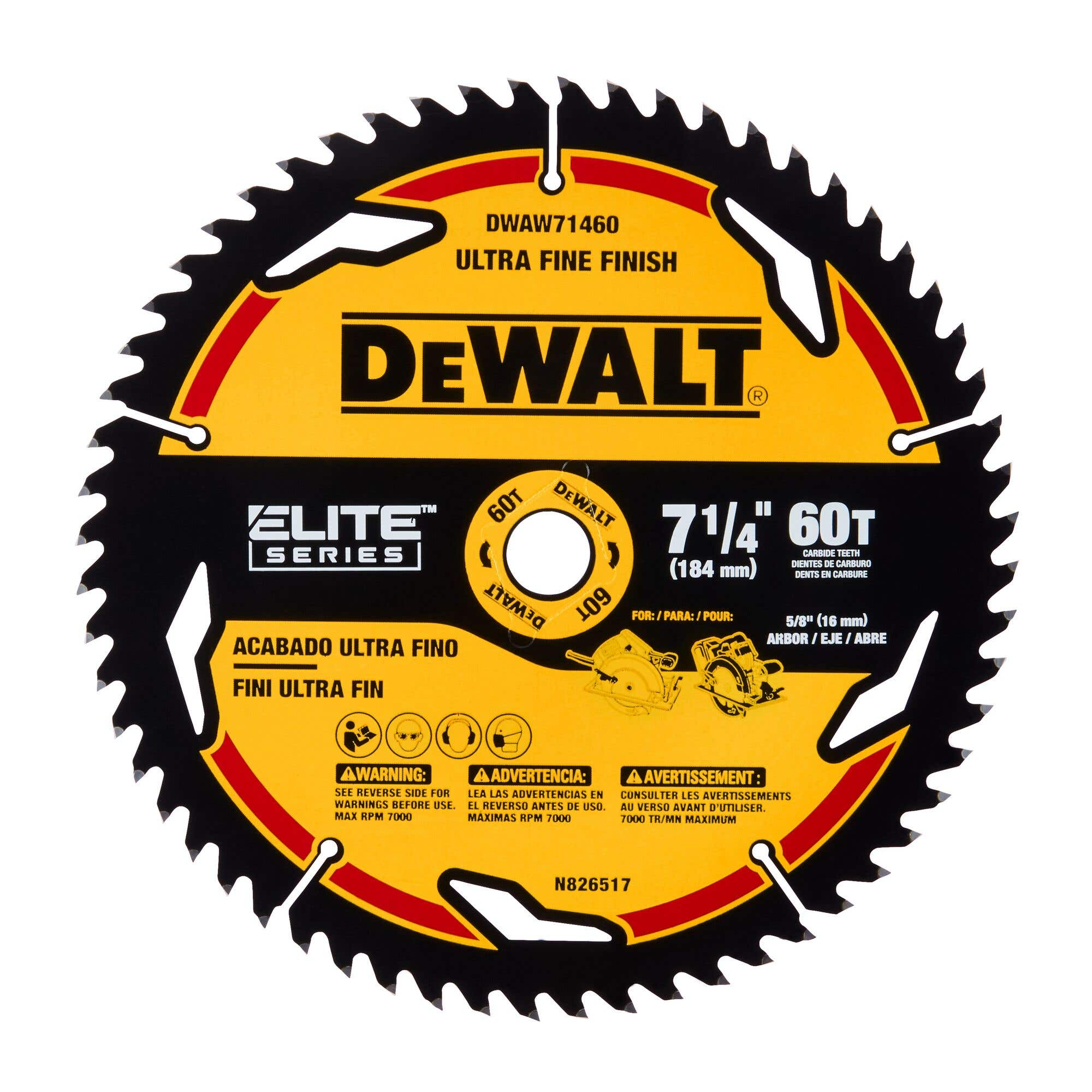 7-1/4" ELITE SERIES™ Circular Saw Blade, 60 Tooth, DeWalt DWAW71460
