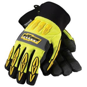 Mad Max Thermo Hi-Vis Gloves by Maximum Safety, Synthetic Leather Palm with PVC Sandy Grip, 3M Thinsulate Lining, HIPORA Waterproof / Windproof Breathable Liner, Thermo Plastic Rubber Molded Finger Thumb and Back Hand Guards - Medium