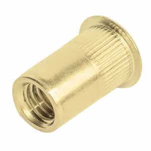 8-32 LKS4-832-80 GO-NUT Large Flange Knurled Rivet Nuts, LK Series, Unified, 8-32 UNC-2B Thread Size (.020-.080 Grip) (0.51-2.03mm Grip), L-Style Round Body Splined, Flat Head, Steel 1008/1010 / Zinc Yellow, Per ASTM-B-633, RoHS Compliant