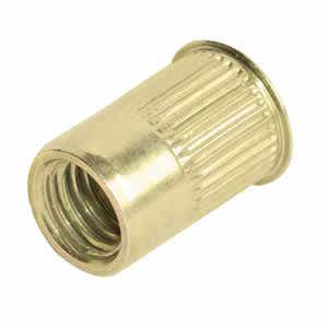 10-24 GO-NUT Small Flange Knurled Rivet Nuts, SK Series, Unified, 10-24 UNC-2B Thread Size (.020-.130 Grip) (0.51-3.30mm Grip), K-Style Round Body Splined, Low Profile Head, Steel 1008/1010 / Zinc Yellow, Per ASTM-B-633 Type II, Class 2, RoHS Comp.
