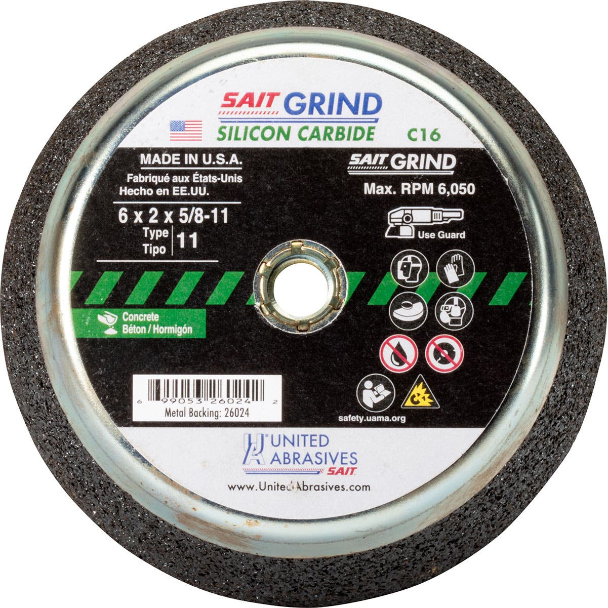 6" x 2" x 5/8-11 C16 Concrete Grinding Cup Stones, Type 11, United Abrasives