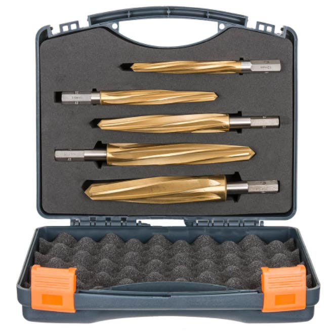 VersaDrive® (Impact Ready) Reamer Set (1/2", 5/8", 3/4", 7/8" & 1-1/16"), 6 Flute Design, 11mm VersaDrive Hex Shank, High-Grade Tool Steel / Titanium Coating