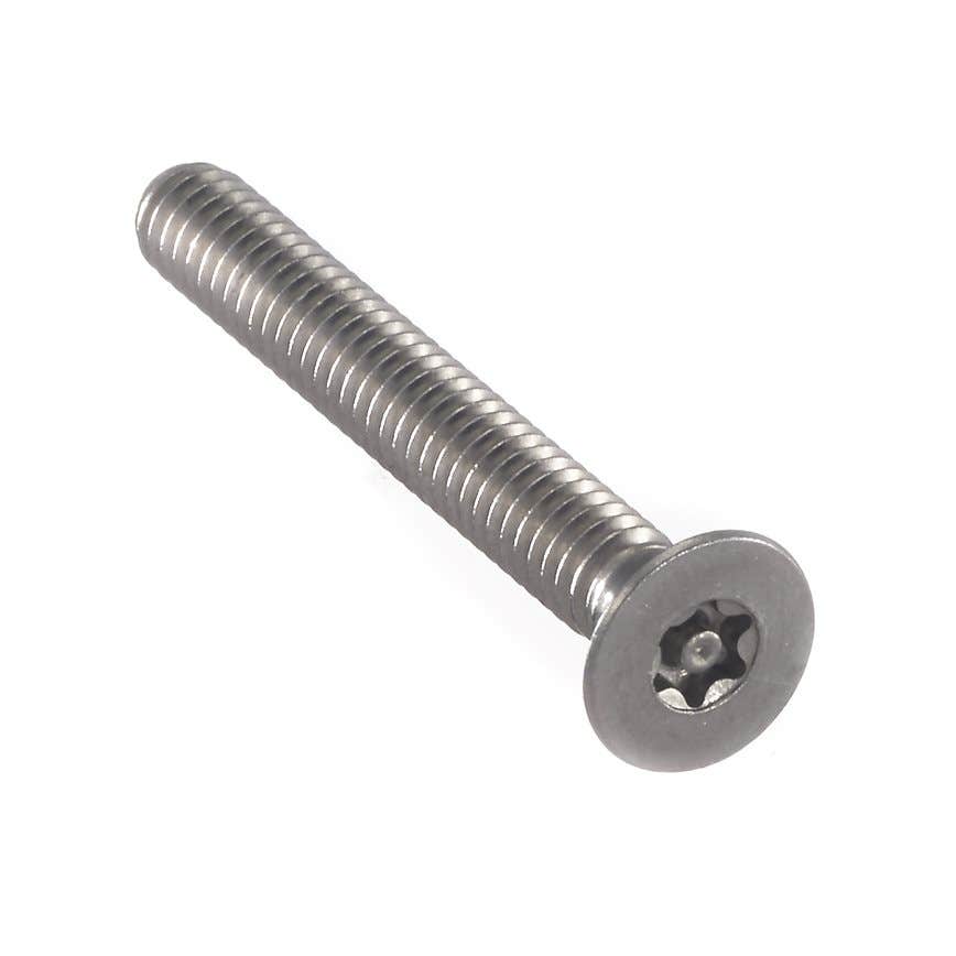 1/4"-20 x 3/4" Tamper-Resistant Cap Screws, Torx® Equivalent 6-Lobe with Solid Post, Undercut Flat Head, Driver Size: 27TXH, 18-8 Stainless Steel