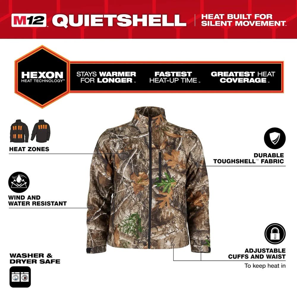 Milwaukee M12 Heated QUIETSHELL Jacket Kit RealTree Extra Camouflage Size Large M101C 21L